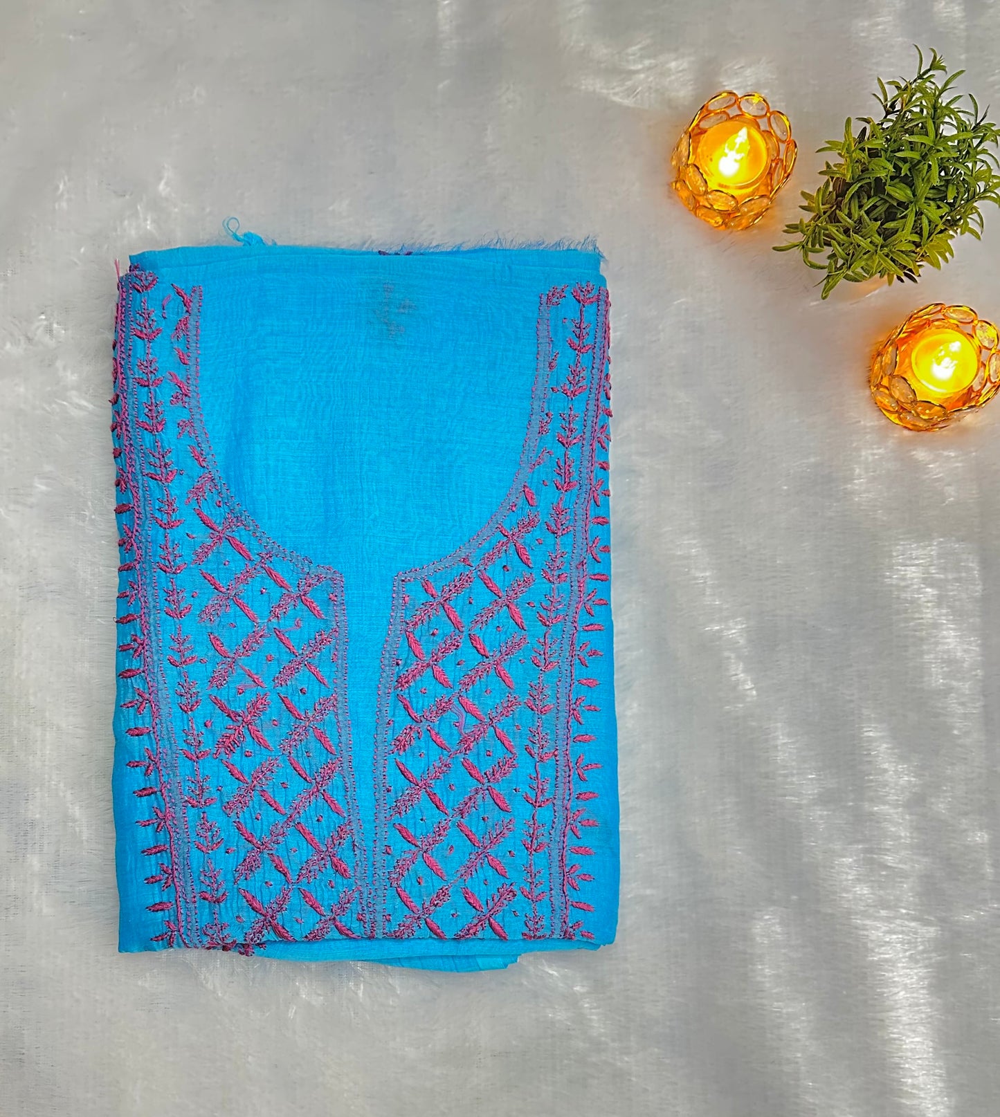 Pure Mul Chanderi Lucknowi Chikankari Unstitched Suit for Women with Dupatta – Hand Embroidered Ethnic Dress Material (2 Piece Set) - Blue