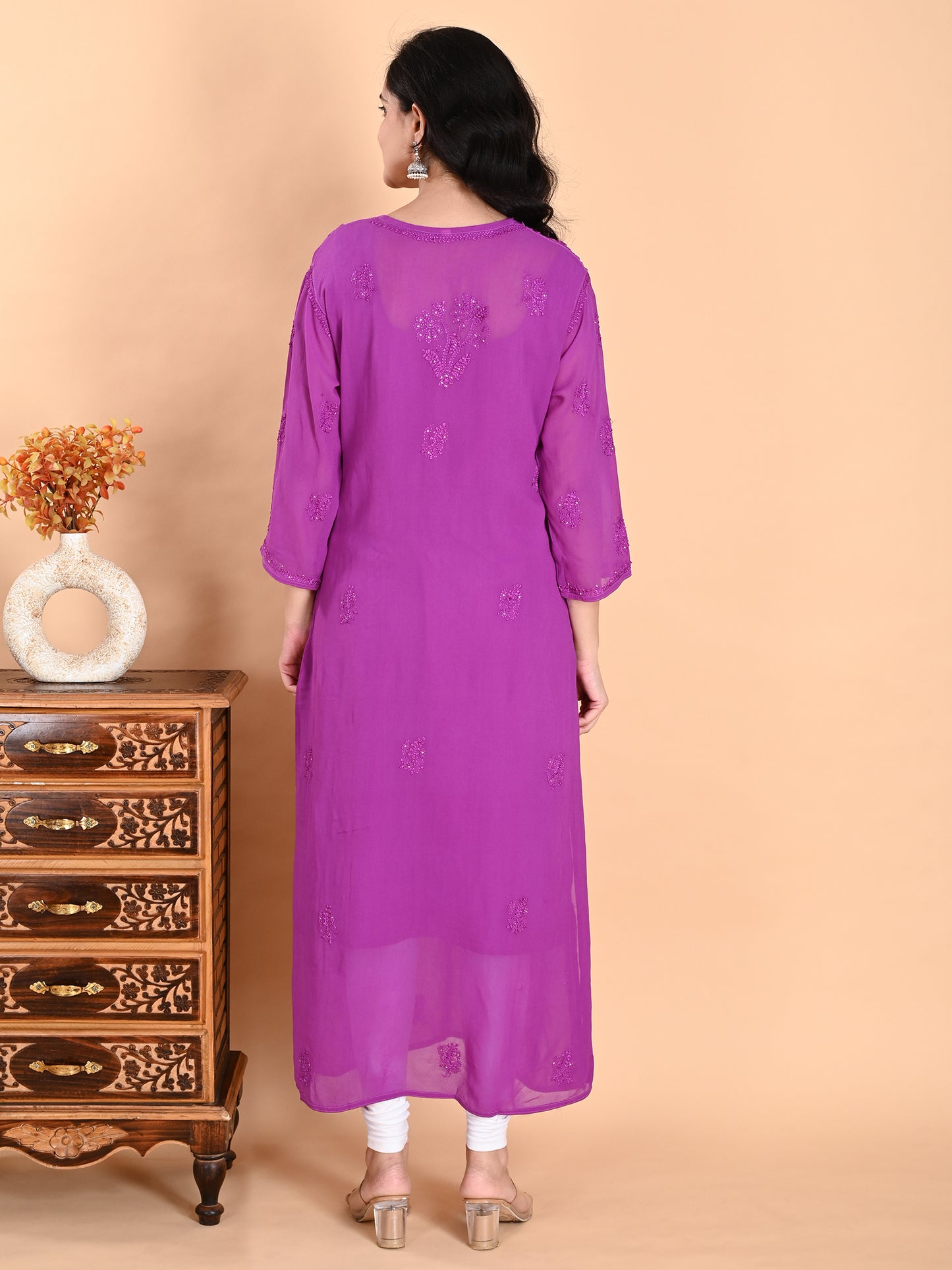 Purple Viscose Georgette Lucknowi Chikankari Long Kurta for Women with Inner, Hand Embroidery, Mukaish & Resham Thread Work – Ethnic Wear Kurti