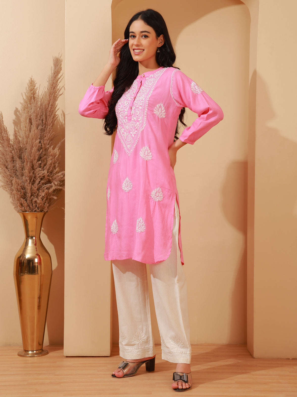 Nazaira Women's Linen Lucknow Chikankari Kurta Pant Set | Pink Hand Embroidered Long Kurta with White Pants with Pockets | Handmade Handwork Ethnic Wear for Women