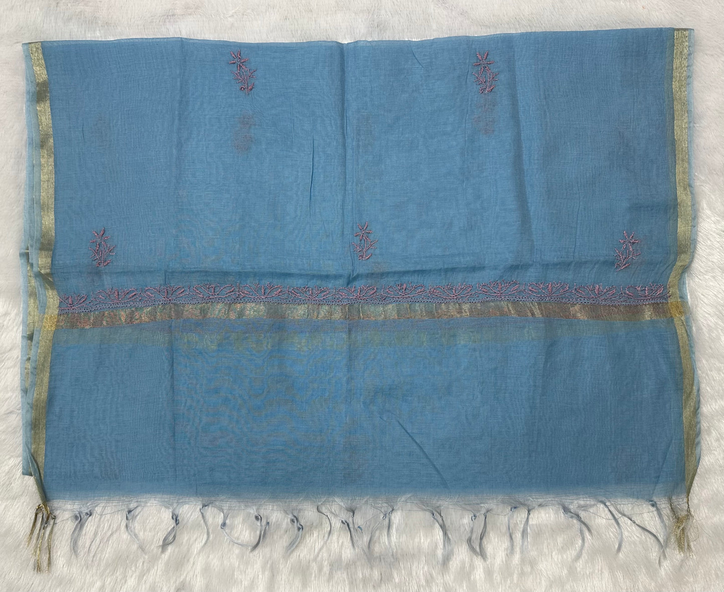 Pure Mul Chanderi Lucknowi Chikankari Unstitched Suit for Women with Dupatta – Hand Embroidered Ethnic Dress Material (2 Piece Set) - Sky Blue