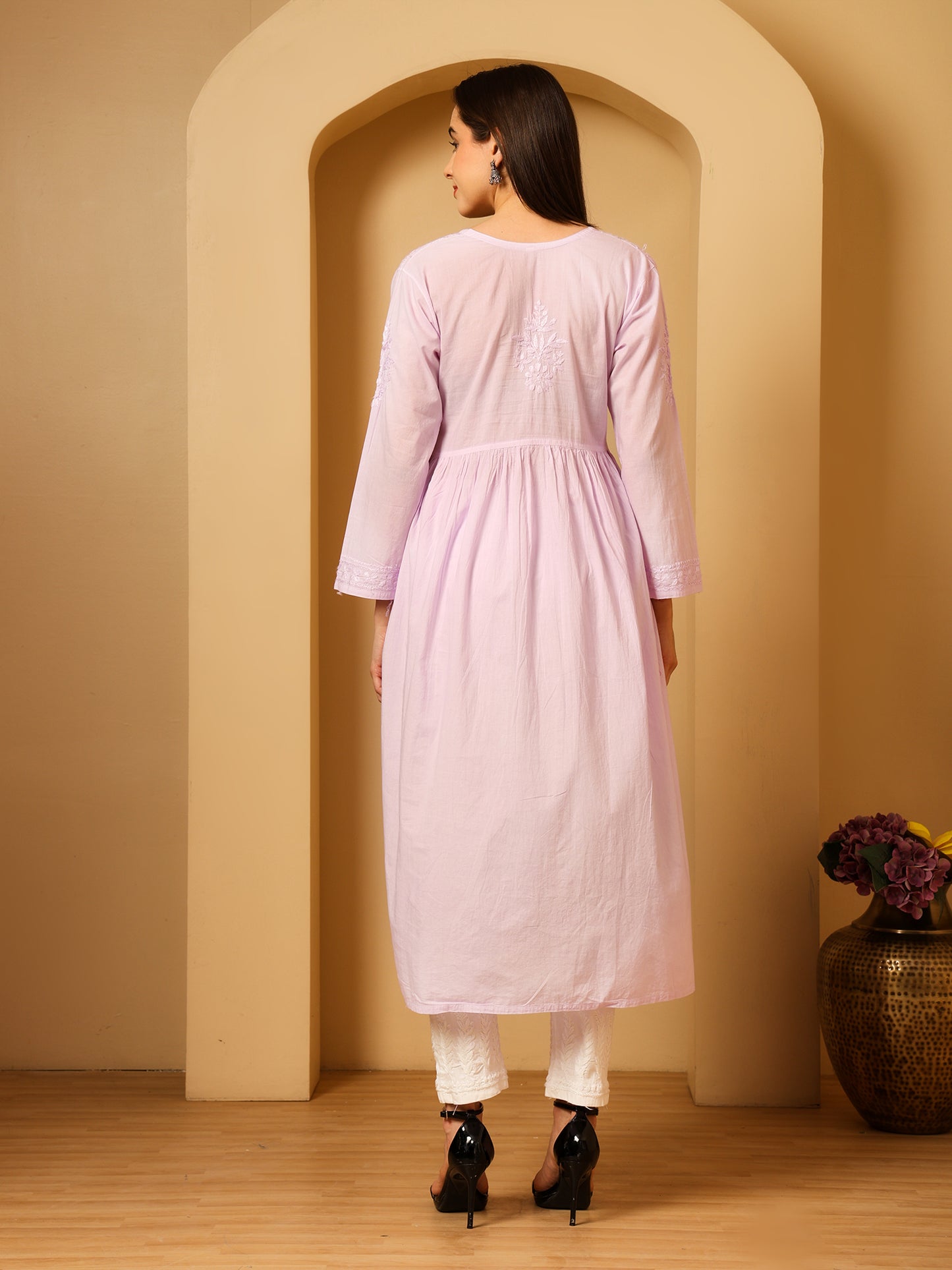Nazaira Women’s Cotton Chikankari Kurta Gown Style Lavender | Hand Embroidered Lucknow Chikankari Kurti | Ethnic Wear for Women | Long Anarkali Kurta | Handmade Cotton Kurta