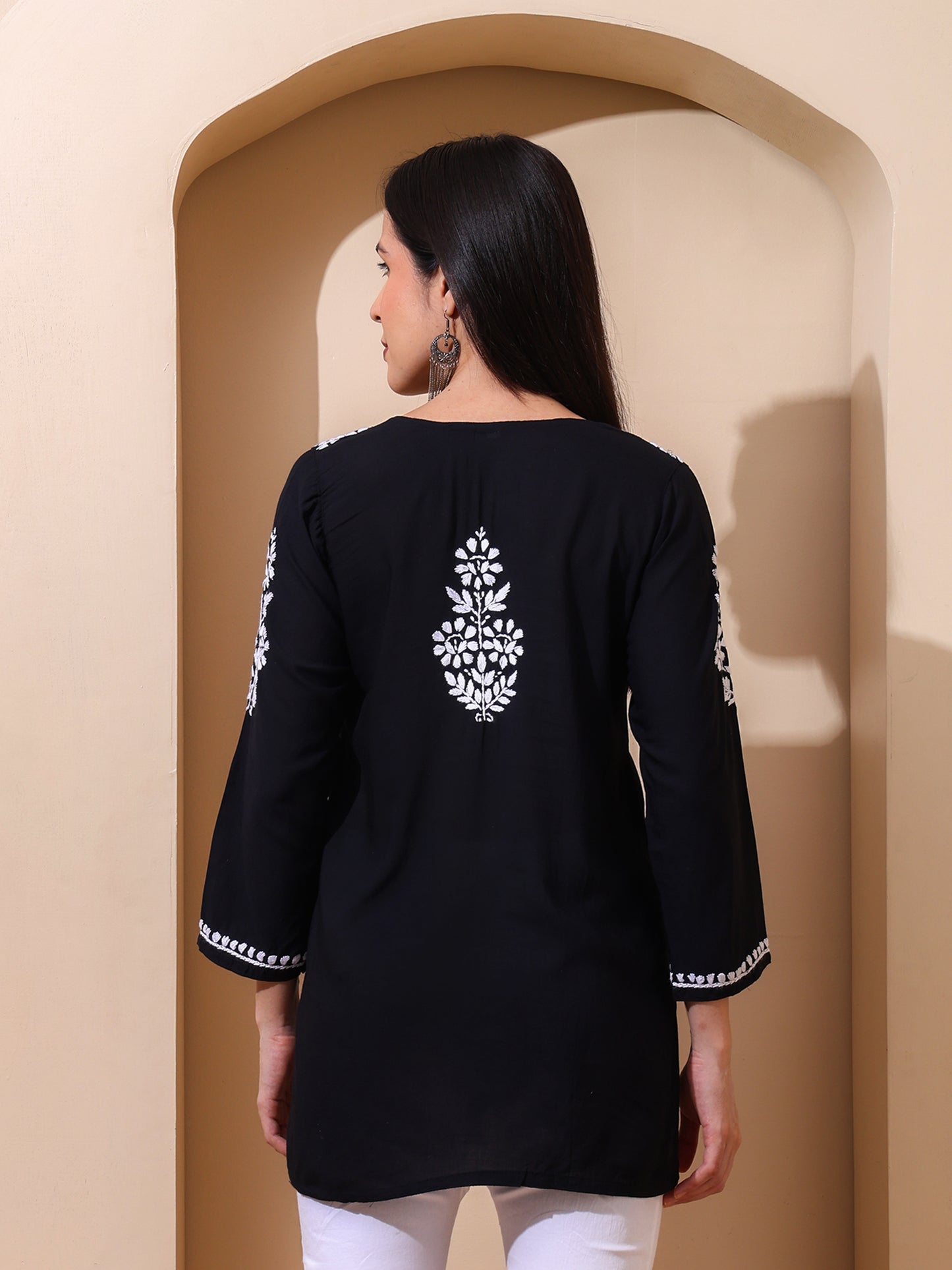 Nazaira Women’s Modal Lucknow Chikankari Short Kurta | Hand Embroidered Luckhnawi Kurti for Women | Ethnic Wear Tunic Top with Panel Work | Black