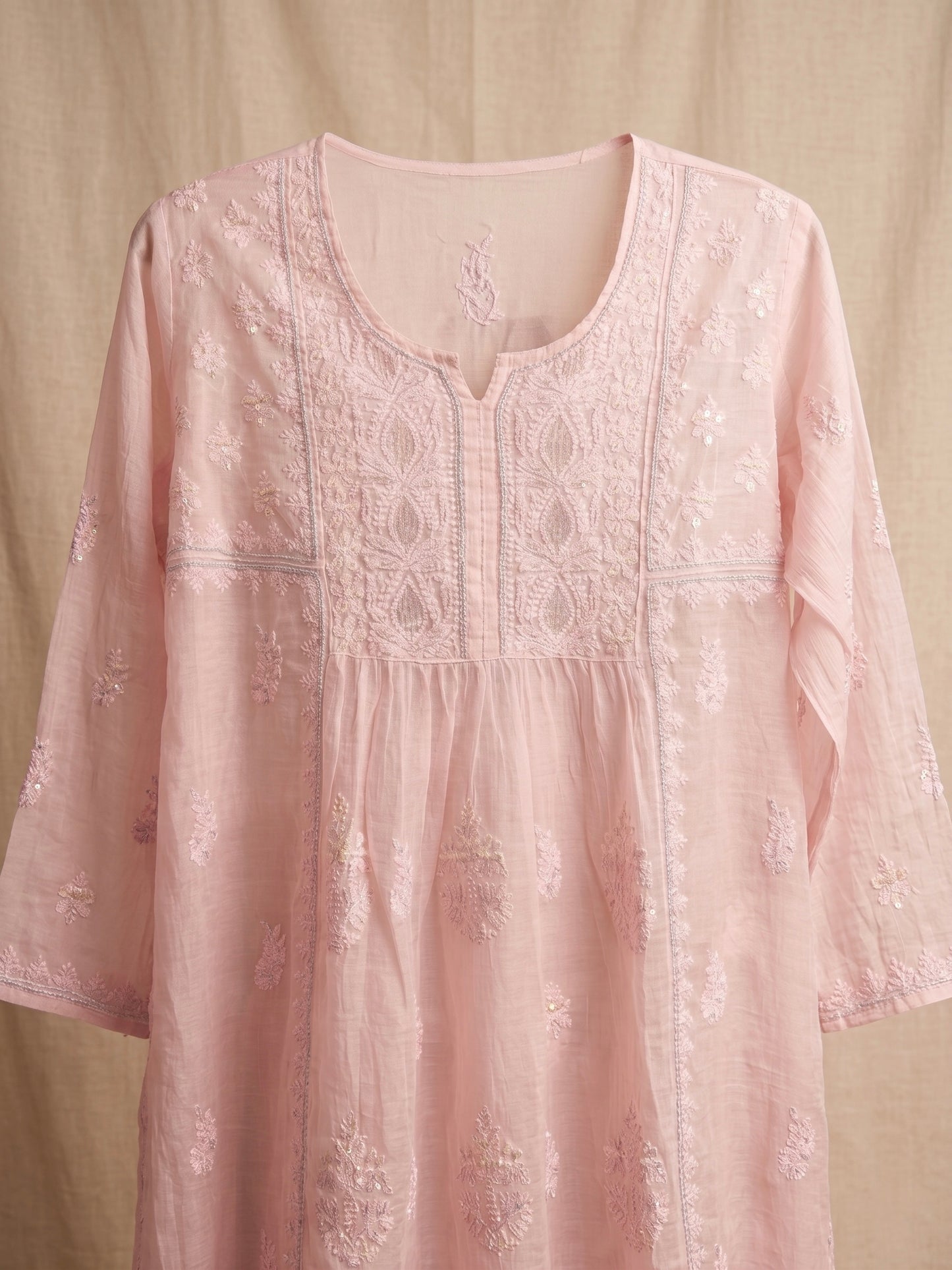 Nazaira Pure Mul Chanderi Semi-Stitched Suit for Women with Dupatta | Authentic Lucknow Chikankari Hand Embroidery | Heavy Cutdana Work | Naira Cut Gown Style Dress Material | Baby Pink Ethnic Wear