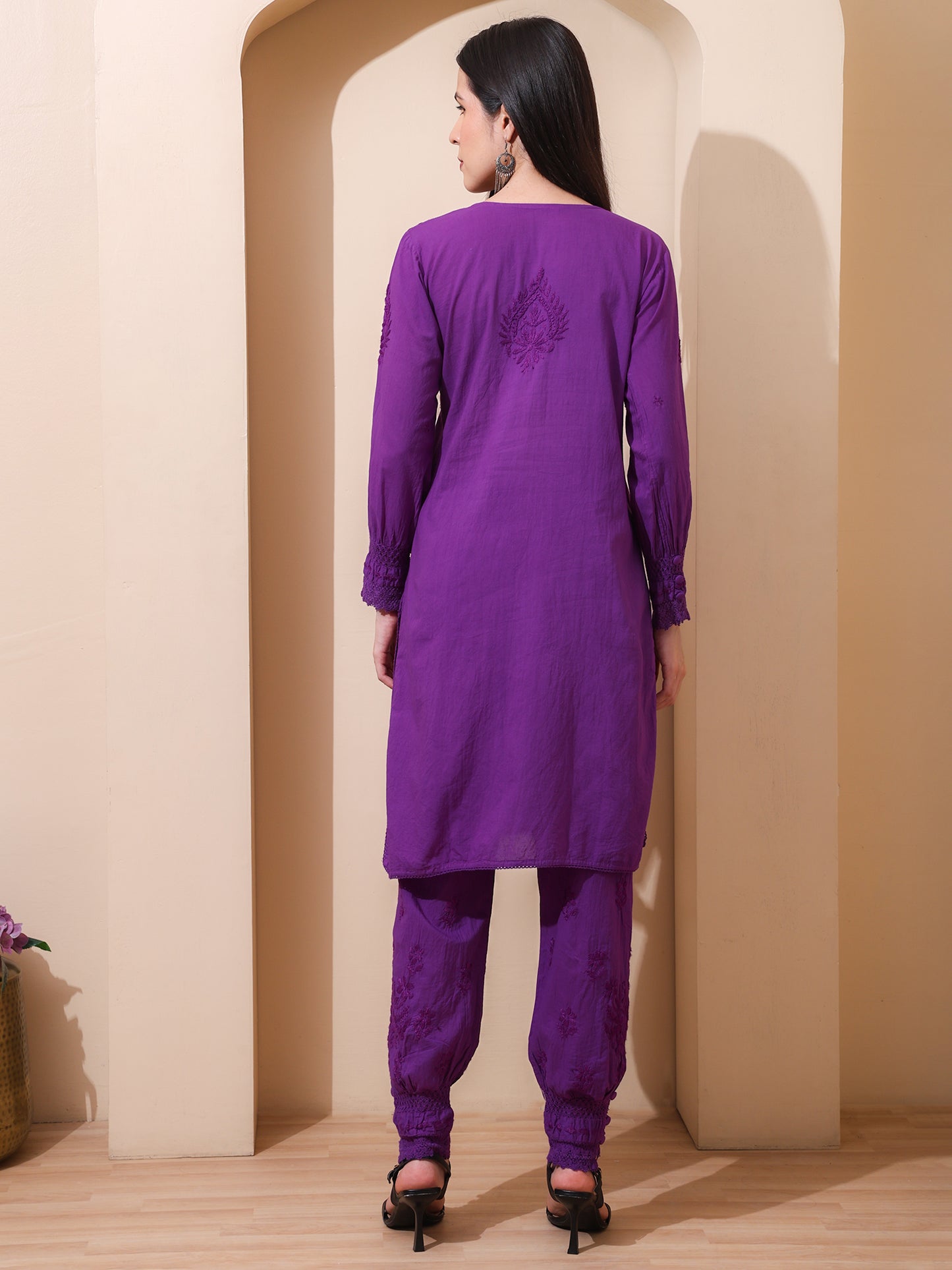 Nazaira Women’s Cotton Chikankari Kurta Pant Set | Hand Embroidered Lucknowi Chikankari Afghani Set for Women | Ethnic Kurti Set with Bottom Wear | Purple