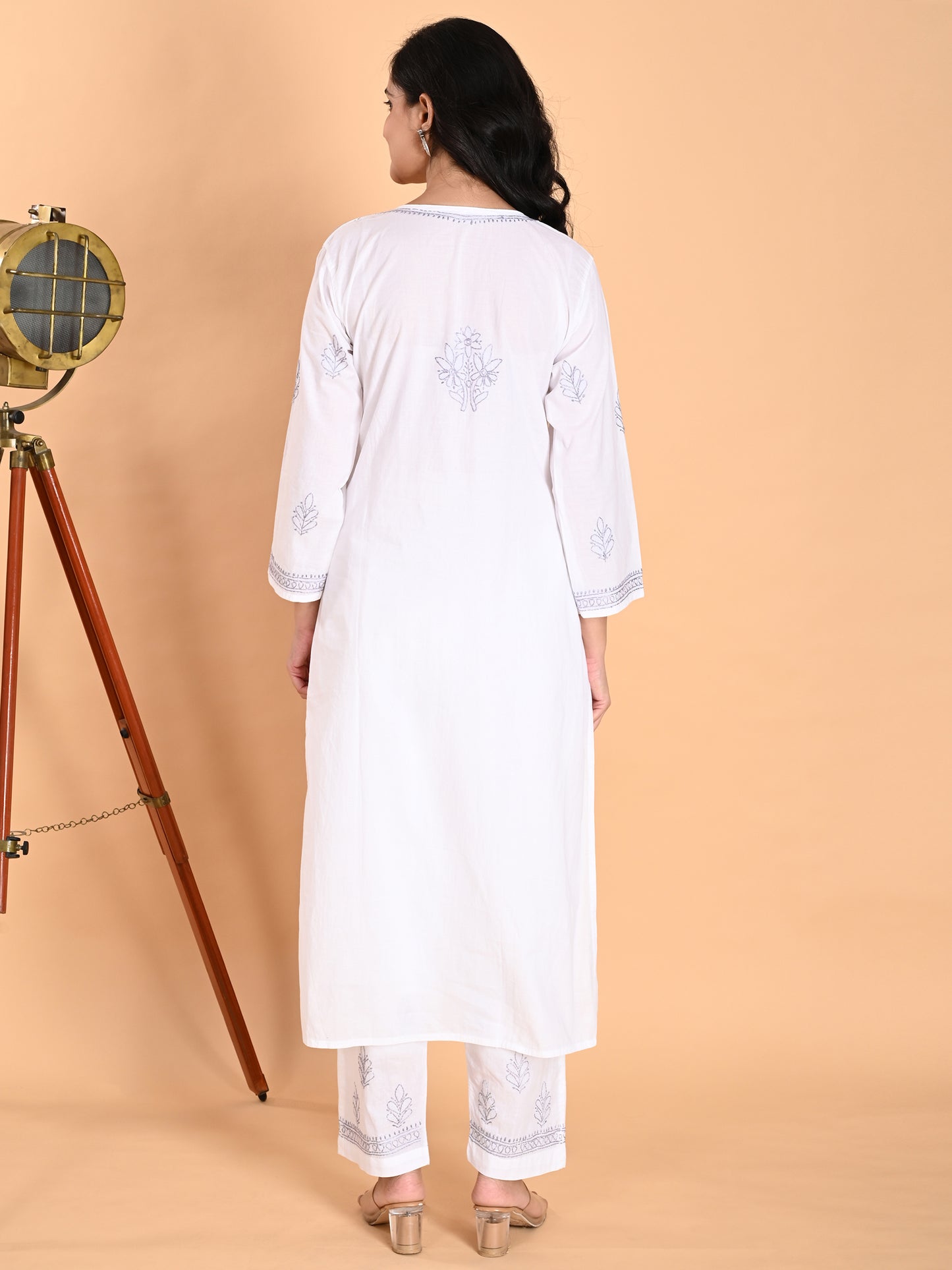 White Cotton Lucknowi Chikankari Kurta with Pajama Set for Women with Grey Thread Hand Embroidery – Ethnic Wear Suit Set