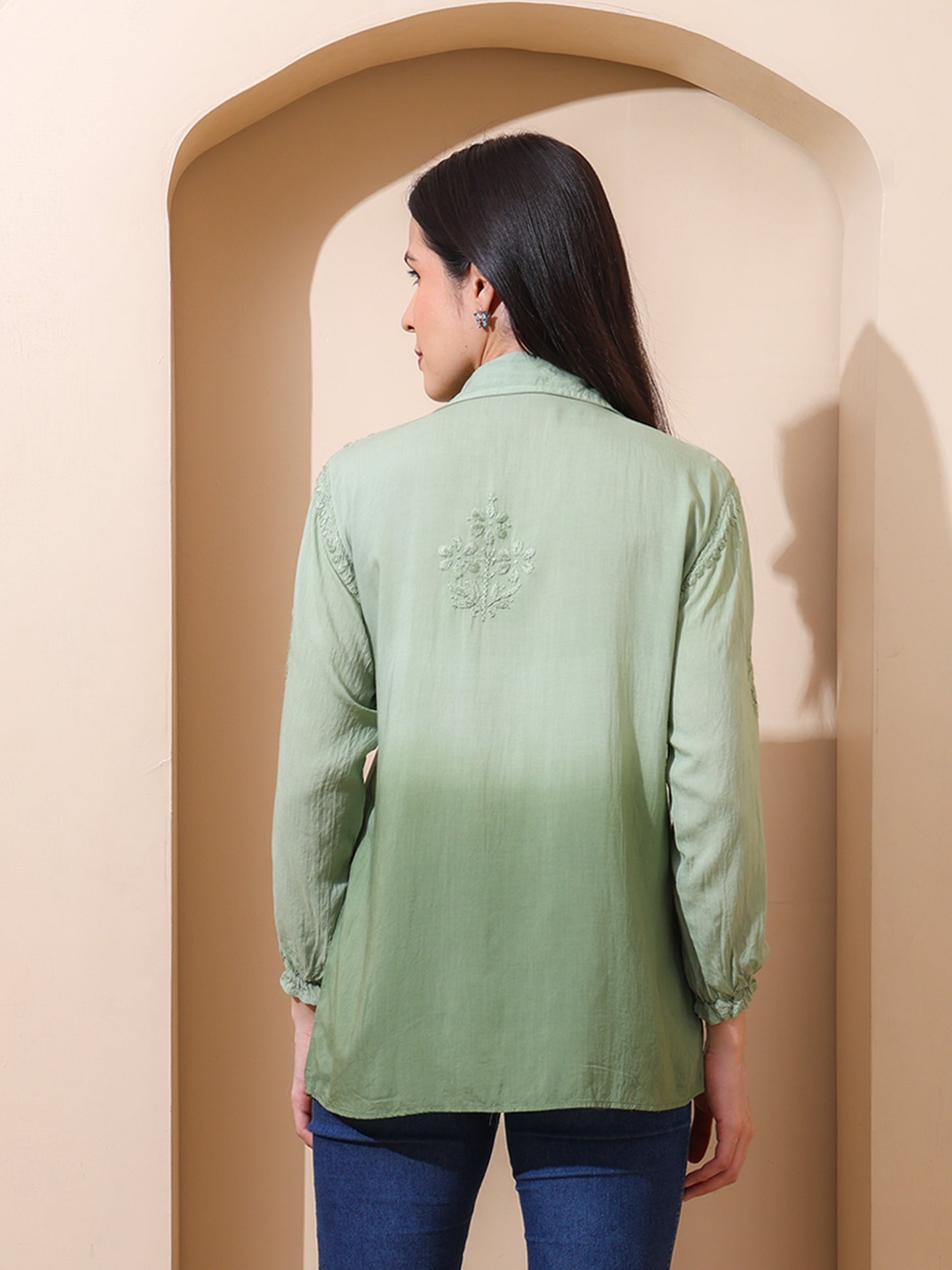 Nazaira Women’s Modal Lucknow Chikankari Shirt for Women | Hand Embroidered Luckhnawi Chickankari Top | Green Ombre Ethnic Wear Shirt with 3/4 Sleeves | Handmade for Women