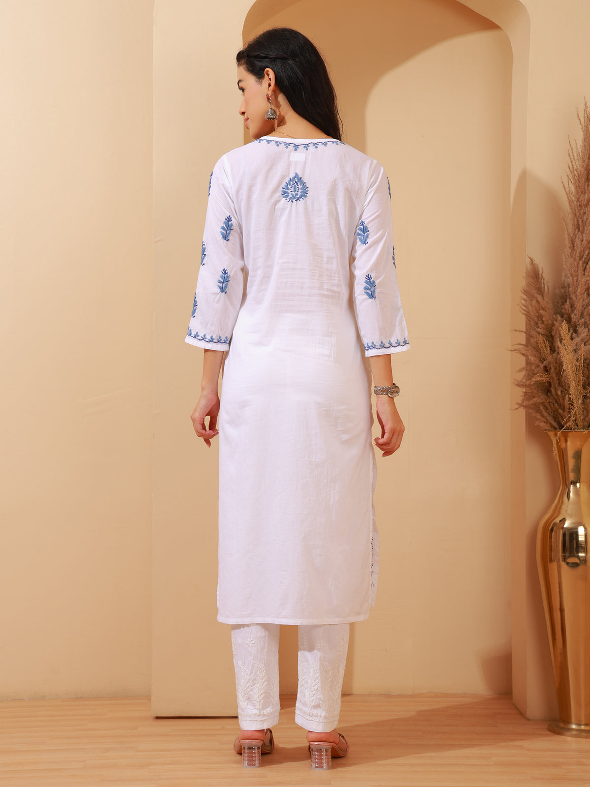 Nazaira Cotton Chikankari Kurta for Women | White Long Kurti with Blue Hand Embroidery | Lucknowi Chikankari Handwork Ethnic Wear | Handmade Cotton Kurta with Pocket