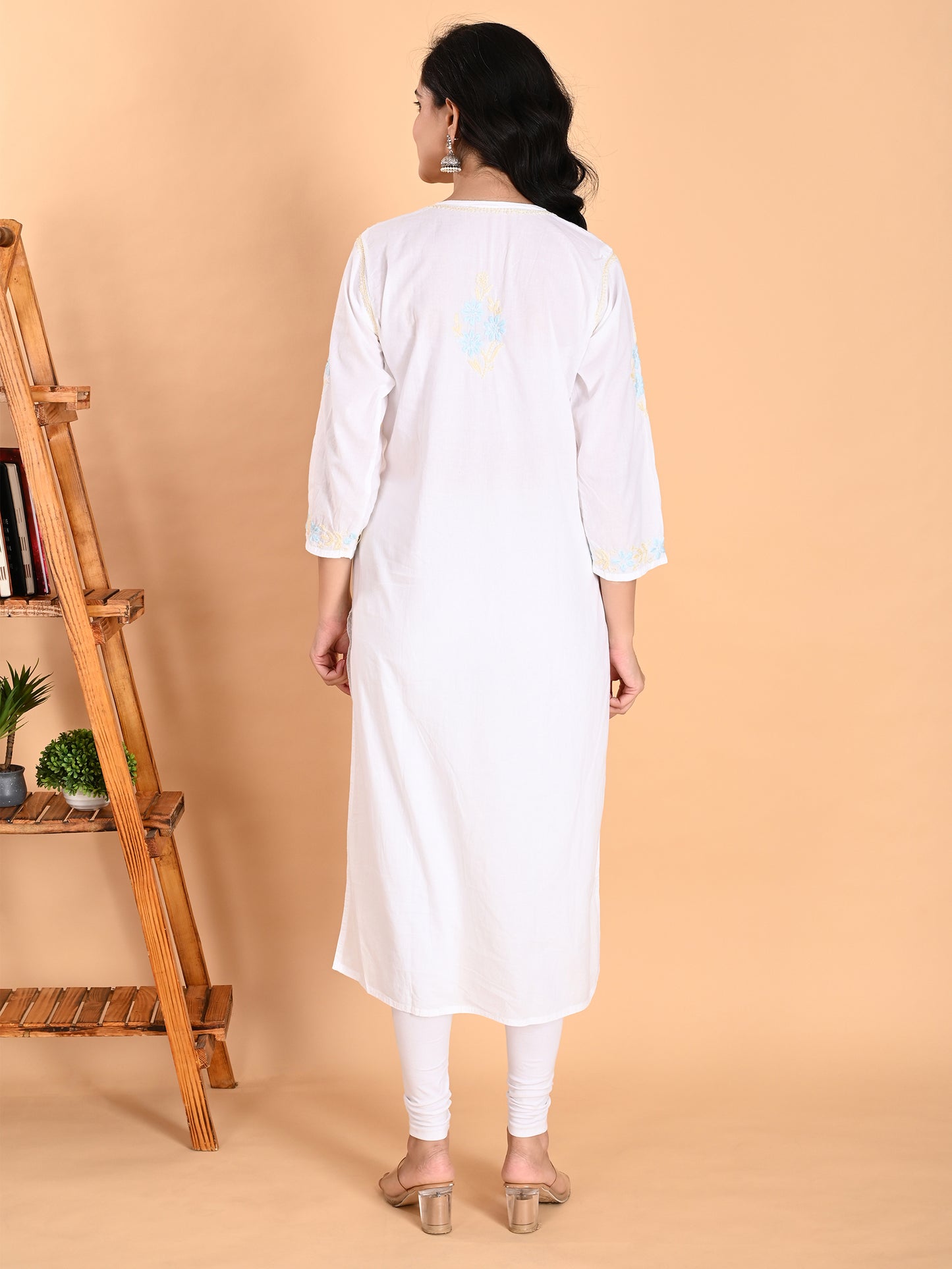 White Cotton Lucknowi Chikankari Long Kurta for Women with Blue & Golden Thread Hand Embroidery – Ethnic Wear Kurti