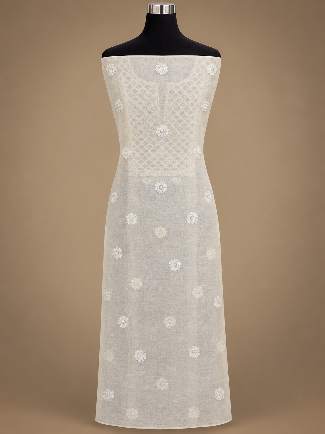 NAZAIRA Women's Cream Silk Chanderi Unstitched Suit Material with Dupatta | 2 Piece Lucknow Chikankari | Hand Embroidery with Mukaish Work and Glass Gala Neck Design | Festive, Wedding, Ethnic
