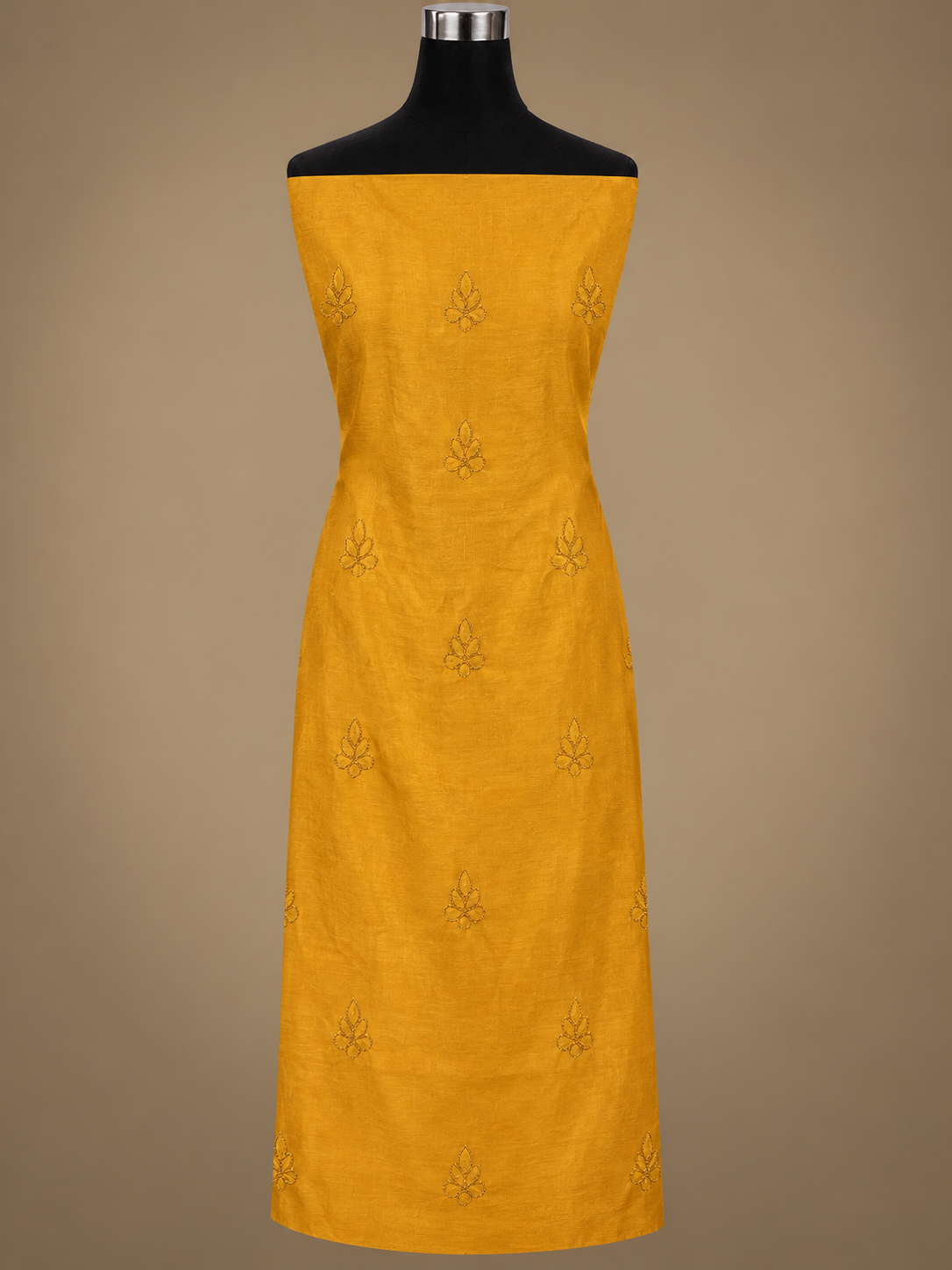 NAZAIRA Women's Mustard Silk Chanderi Unstitched 2-Piece Suit (Kurta Fabric & Dupatta) | Hand Embroidered Lucknow Chikankari | Glass Gala Neck Work, All-Over Buti | Wedding & Festive