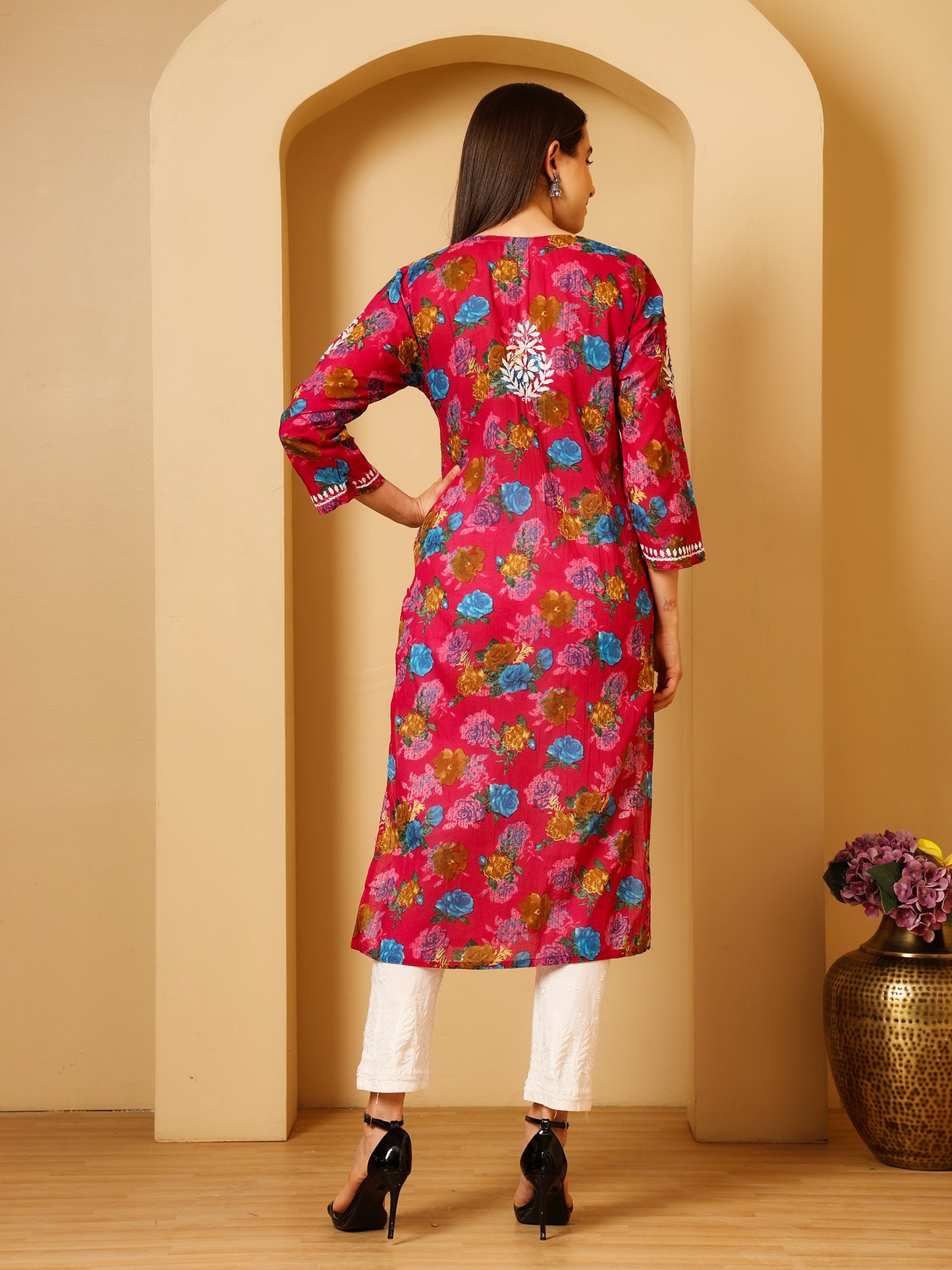 Nazaira Women’s Magenta Mul Cotton Lucknowi Chikankari Long Kurti | Hand-Embroidered Floral Printed Cotton Kurta | Elegant Ethnic Wear for Women | Traditional Lucknow Chikan Work |
