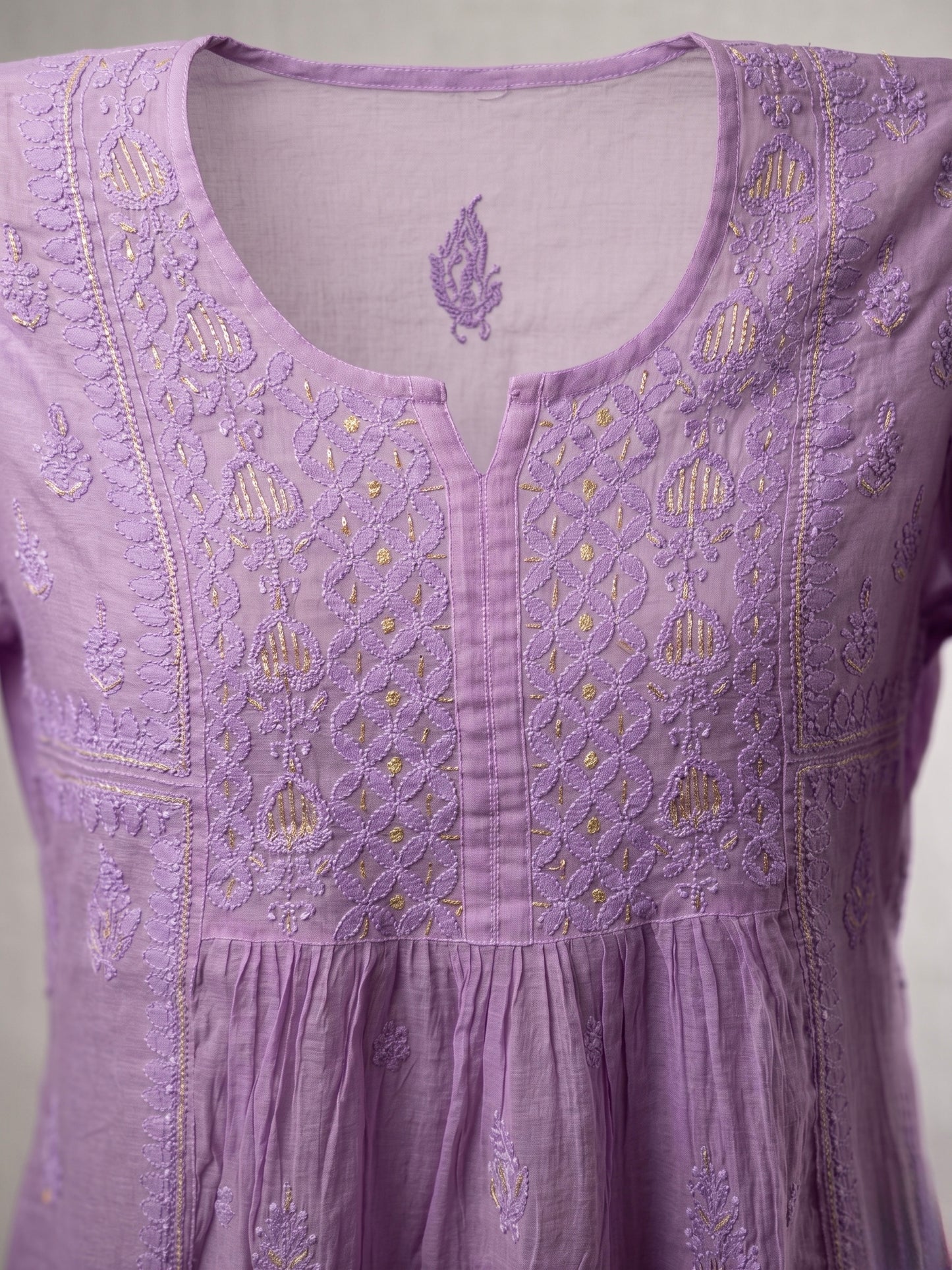 Nazaira Pure Mul Chanderi Semi-Stitched Suit for Women with Dupatta | Hand Embroidered Lucknow Chikankari Kurta Set | Naira Cut Gown Style Ethnic Wear | Heavy Cutdana & Pearl Work | Lavender