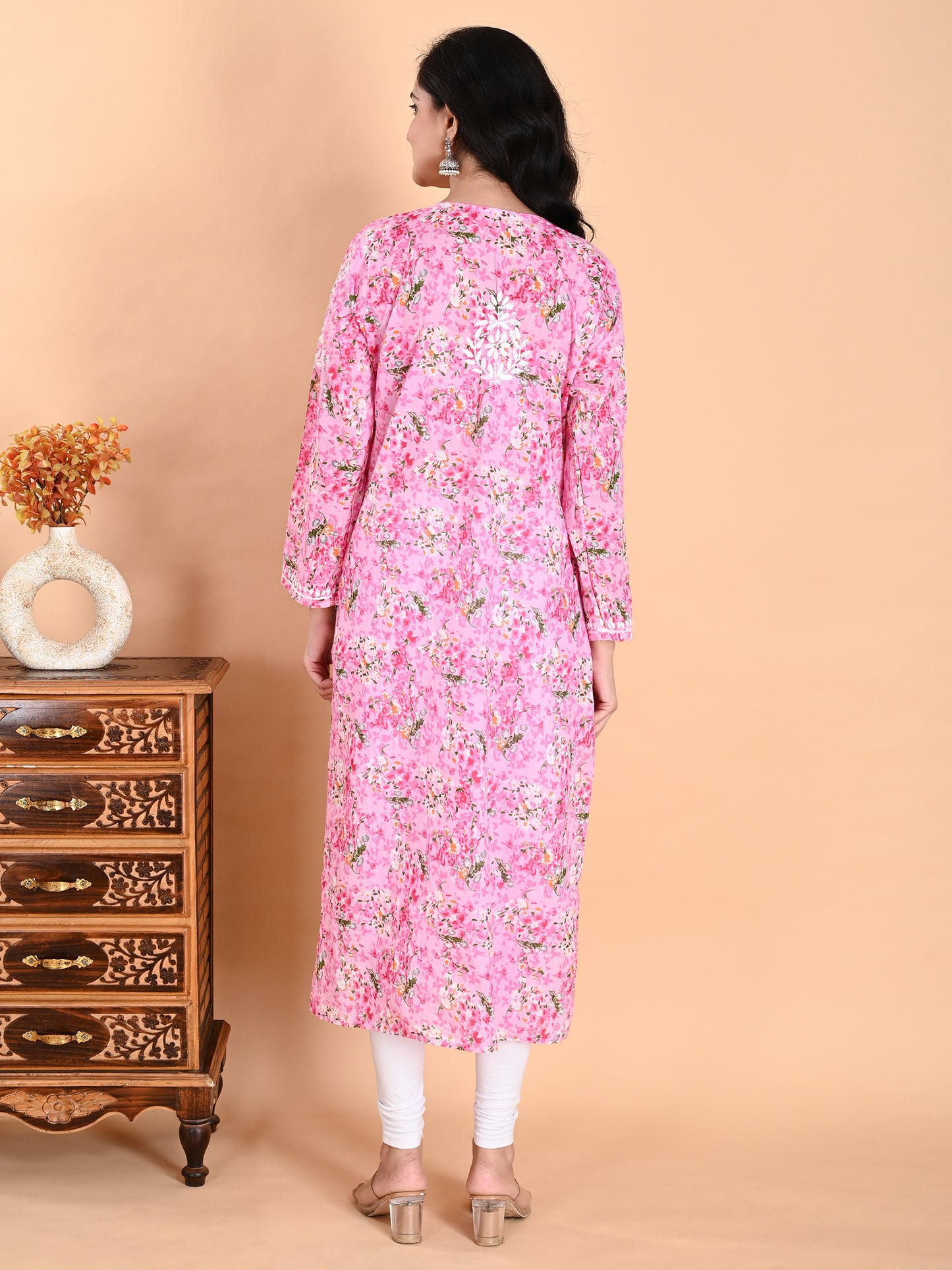 Pink Mul Cotton Lucknowi Chikankari Floral Printed Long Kurti for Women with Hand Embroidery – Elegant Ethnic Wear Kurta