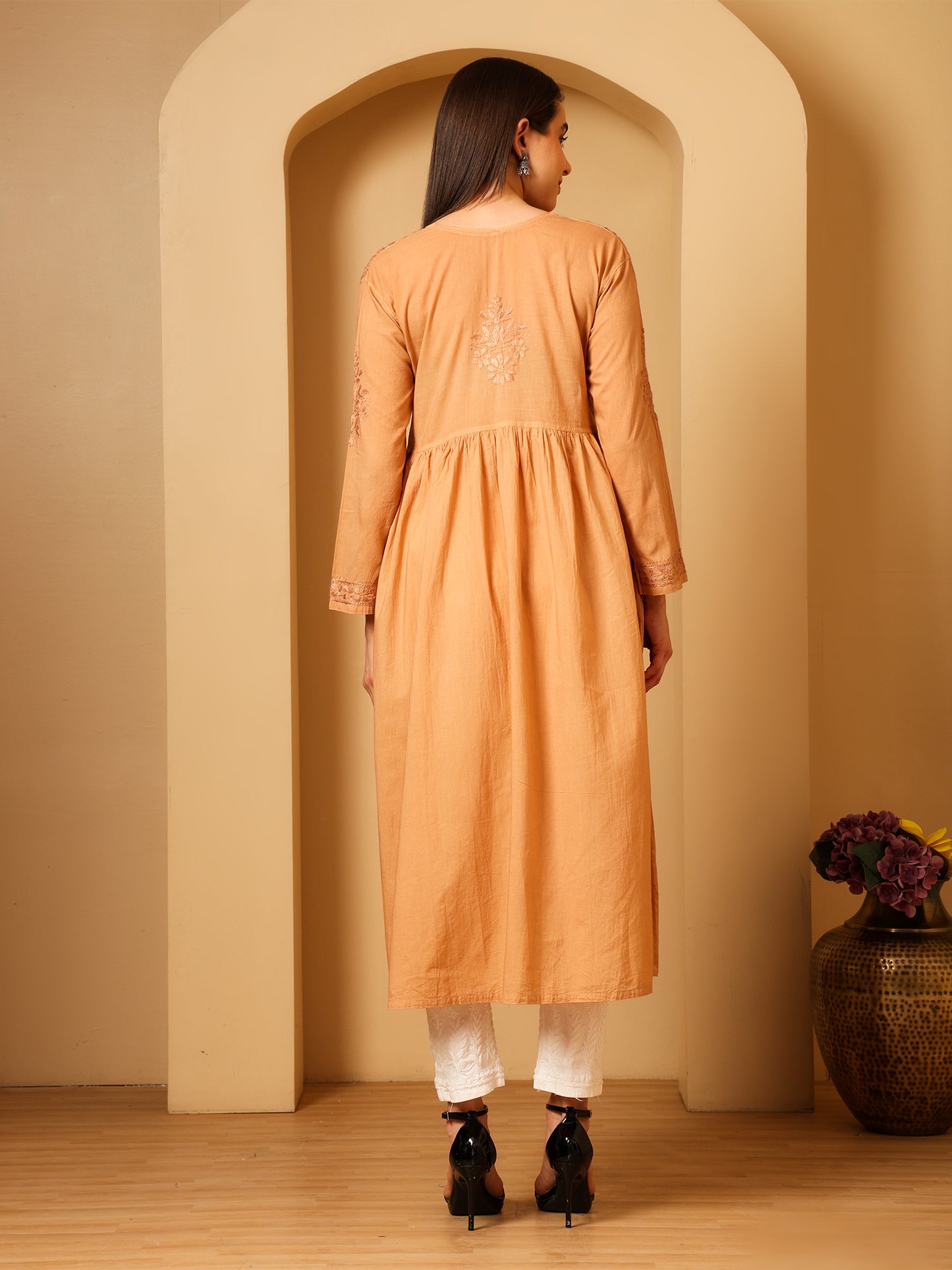 Nazaira Women’s Cotton Chikankari Kurta Gown Style Beige | Hand Embroidered Lucknow Chikankari Kurti | Ethnic Wear for Women | Long Anarkali Kurta | Handmade Cotton Kurta