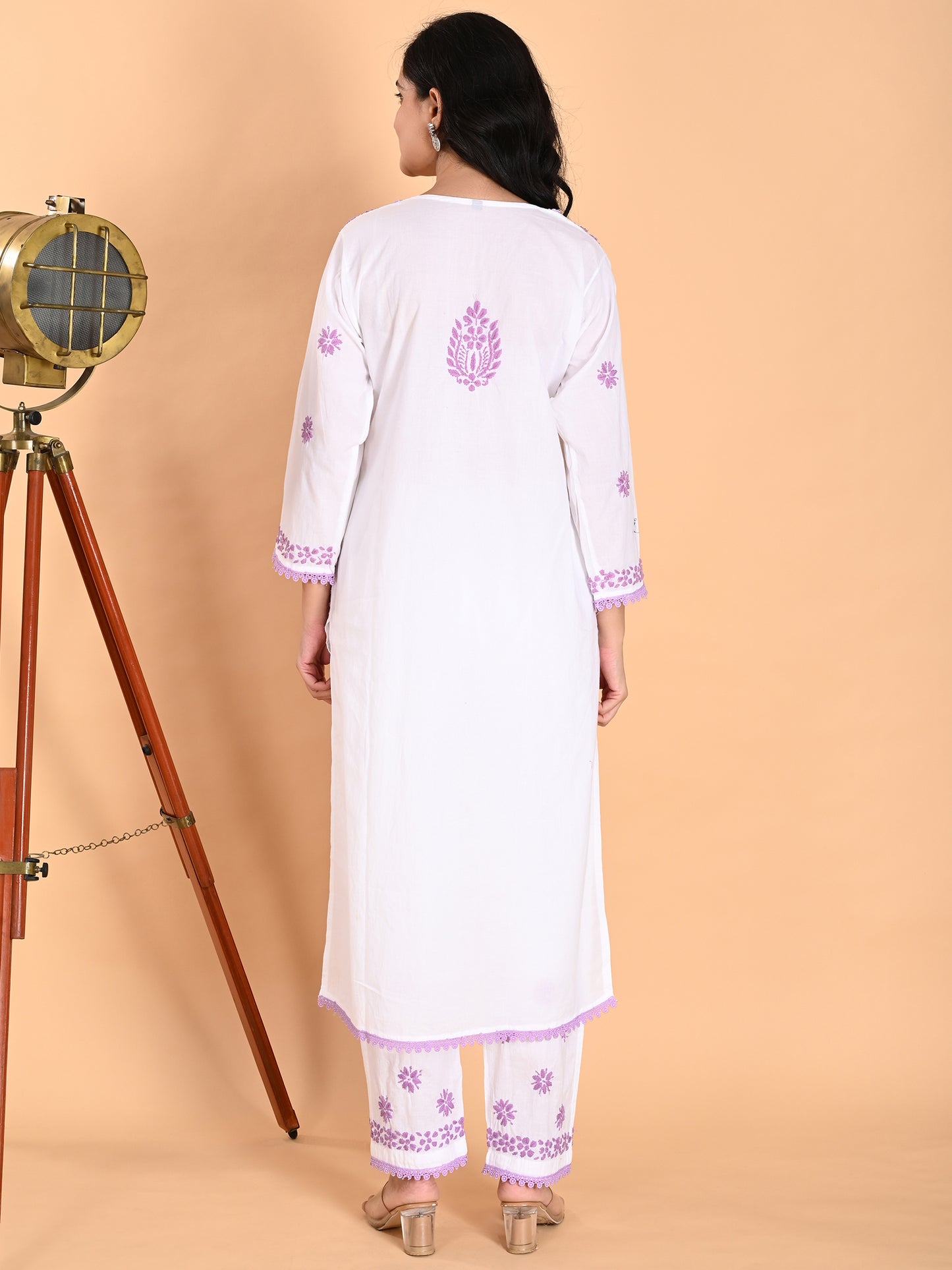 White Cotton Lucknowi Chikankari Kurta with Pajama Set for Women with Purple Hand Embroidery – Ethnic Wear Suit Set
