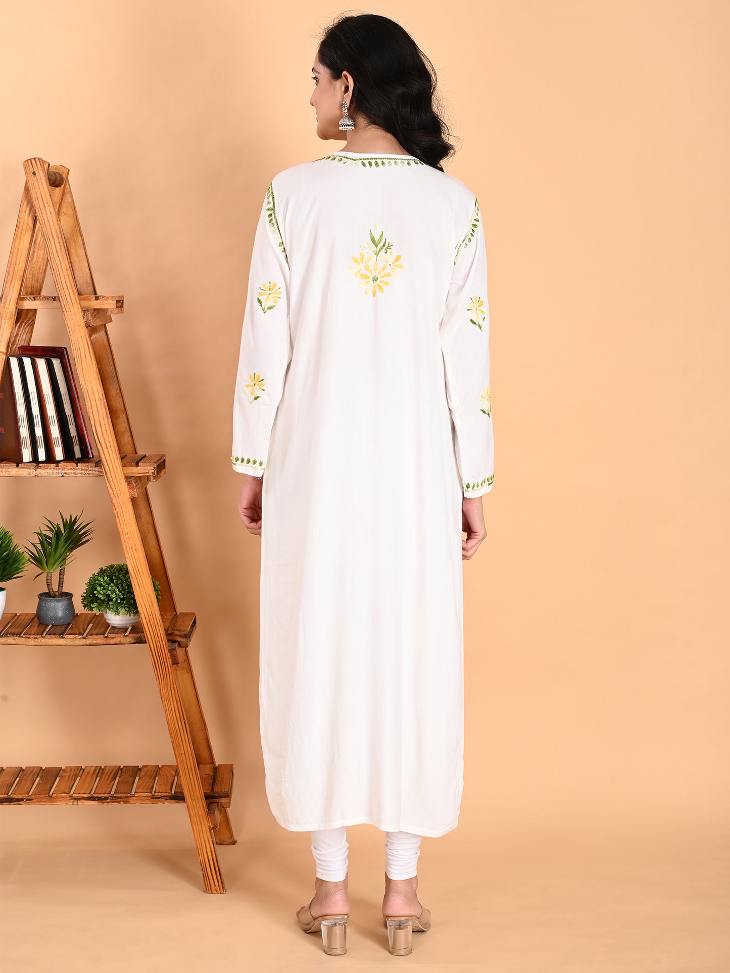 White Rayon Lucknowi Chikankari Long Kurta for Women with Yellow & Green Floral Hand Embroidery – Ethnic Wear Kurti