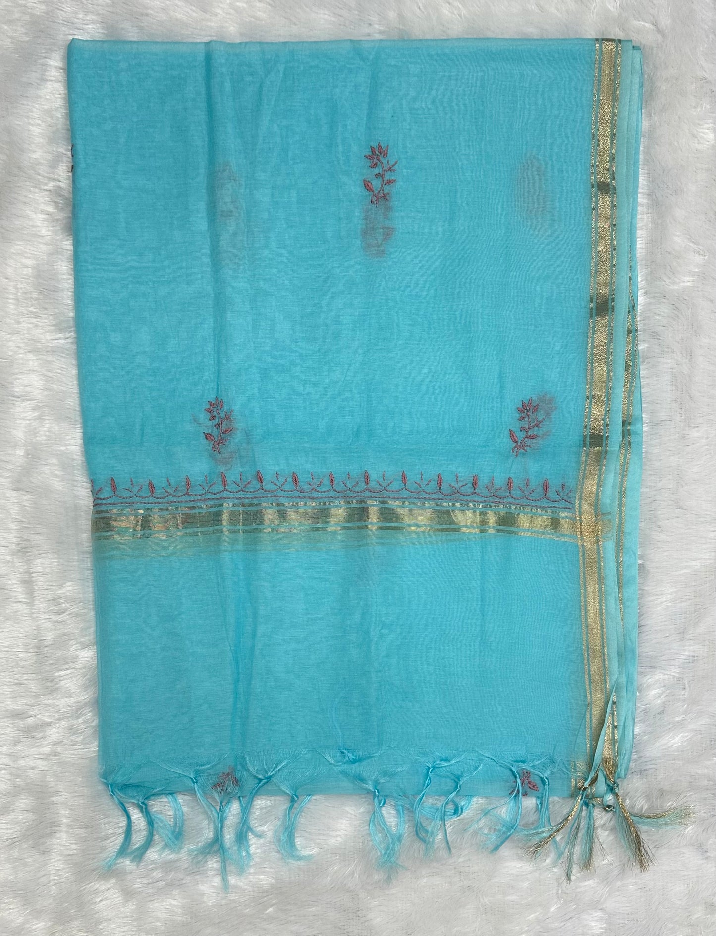 Pure Mul Chanderi Lucknowi Chikankari Unstitched Suit for Women with Dupatta – Hand Embroidered Ethnic Dress Material (2 Piece Set) - Sea Blue