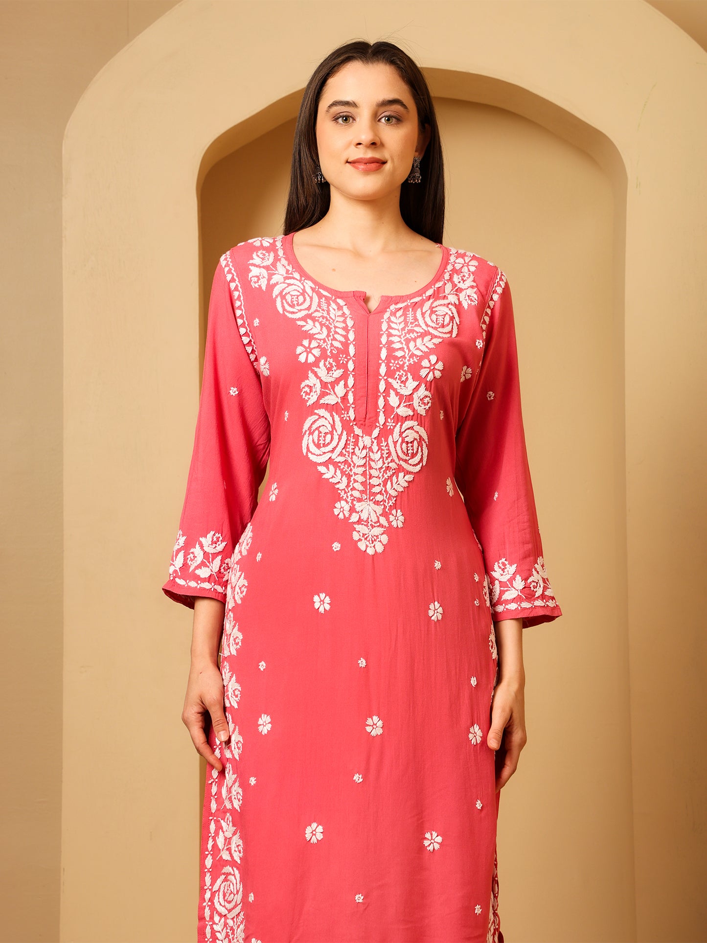 Nazaira Women’s Rayon 3D Work Lucknow Chikankari Kurta with Palazzo Set | Hand Embroidered Lucknawi Chickankari Kurti | Ethnic Wear for Women | Coral Pink |
