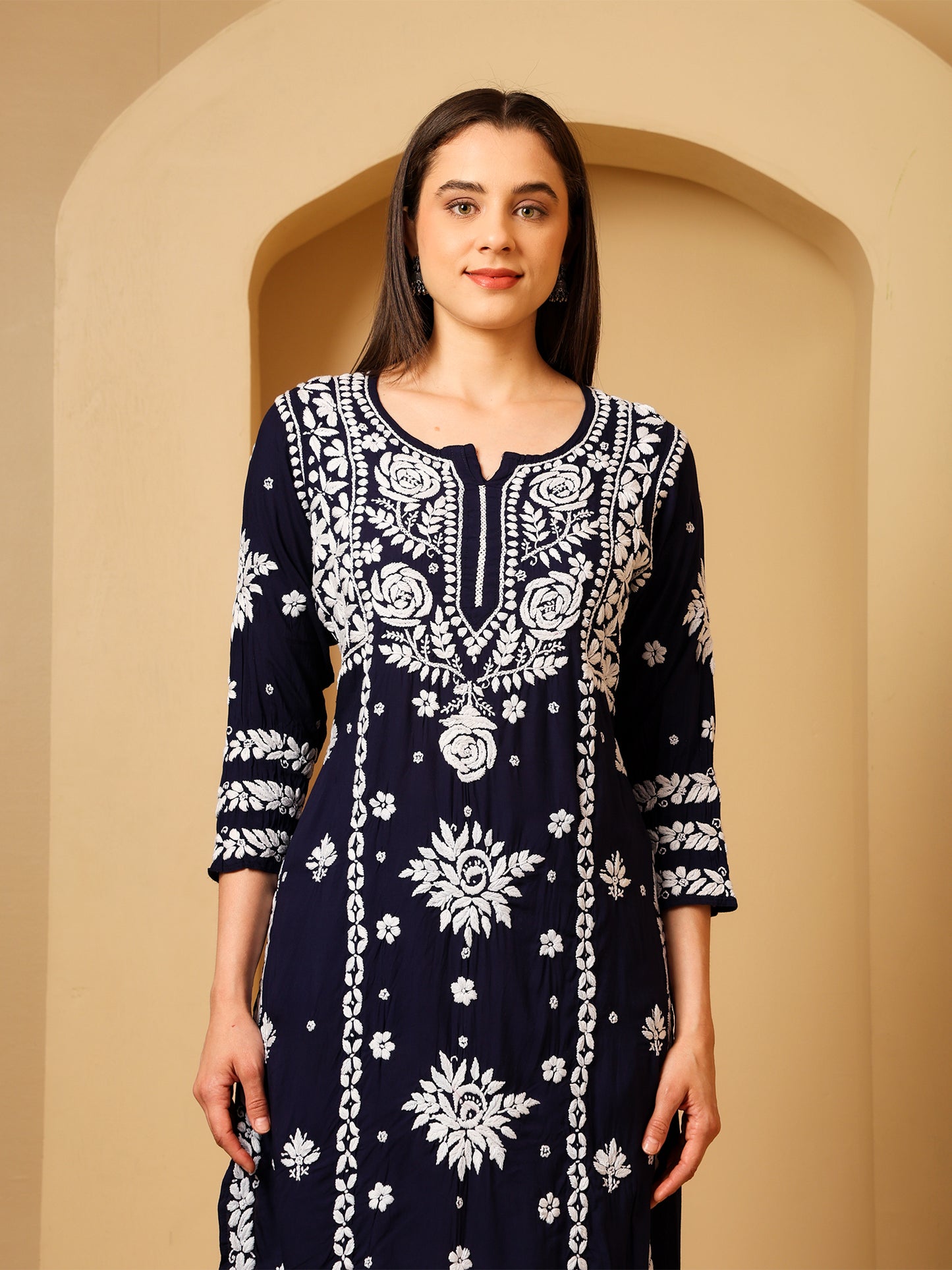 Nazaira Modal Lucknow Chikankari Kurta Set for Women with Palazzo | 3D Hand Embroidery Long Kurti | Ethnic Wear for Women | Handmade Luckhnawi Chickankari | Navy Blue |