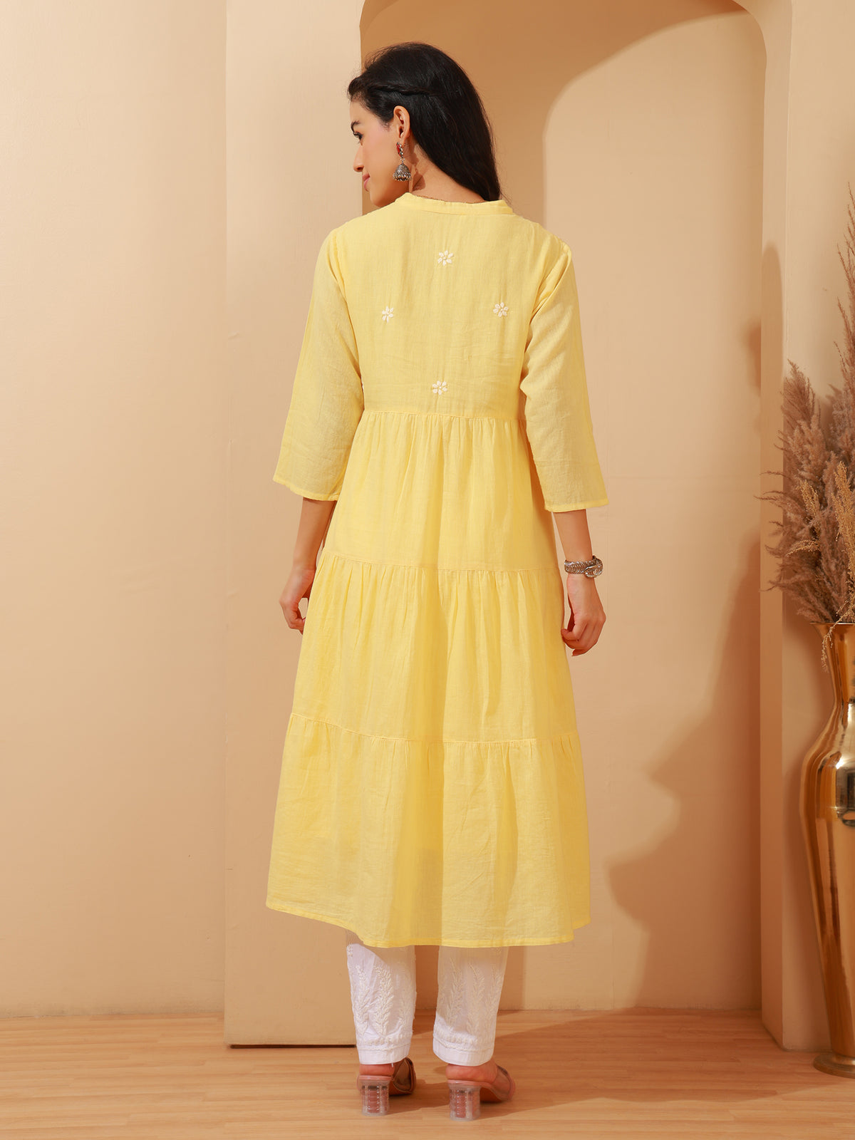 Nazaira Women’s Cotton Lucknow Chikankari Gown Style Long Kurta with Pockets | Butter Yellow Hand Embroidered Ethnic Wear | Handmade Lucknowi Chikankari Kurti | Traditional Handwork