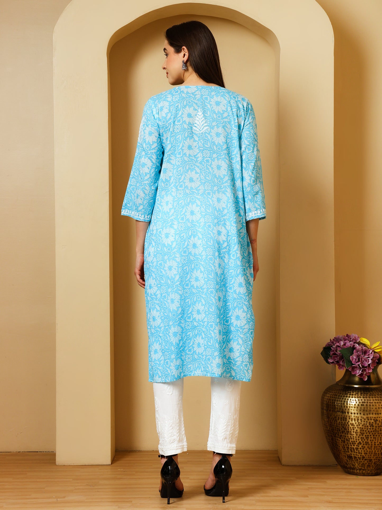 Nazaira Mulmul Cotton Chikankari Kurta for Women Sky Blue | Hand Embroidered Lucknow Chikankari Kurti | Ethnic Wear Long Kurta for Women | Handmade Luckhnawi Chickankari Kurta