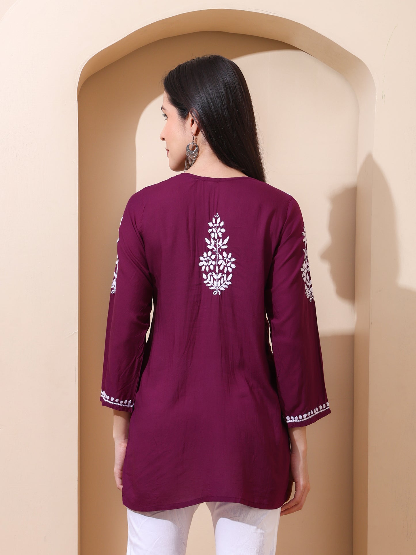 Nazaira Women’s Modal Lucknow Chikankari Short Kurta | Hand Embroidered Luckhnawi Kurti for Women | Ethnic Wear Tunic Top with Panel Work | Wine