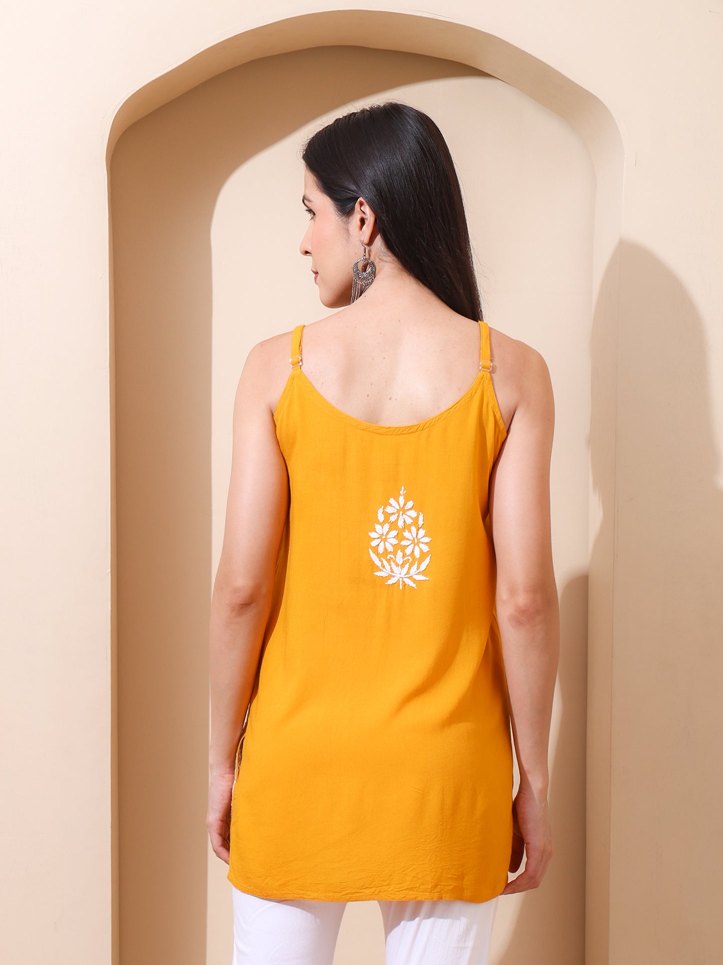 Nazaira Lucknow Chikankari Women’s Sleeveless Short Kurti | Hand Embroidered Rayon Kurta for Women | Mustard Ethnic Wear Top | Lucknawi Chikankari