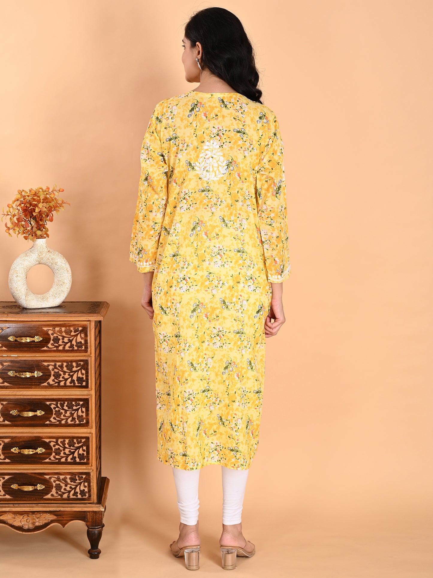 Yellow Mul Cotton Lucknowi Chikankari Floral Printed Long Kurti for Women with Hand Embroidery – Elegant Ethnic Wear Kurta