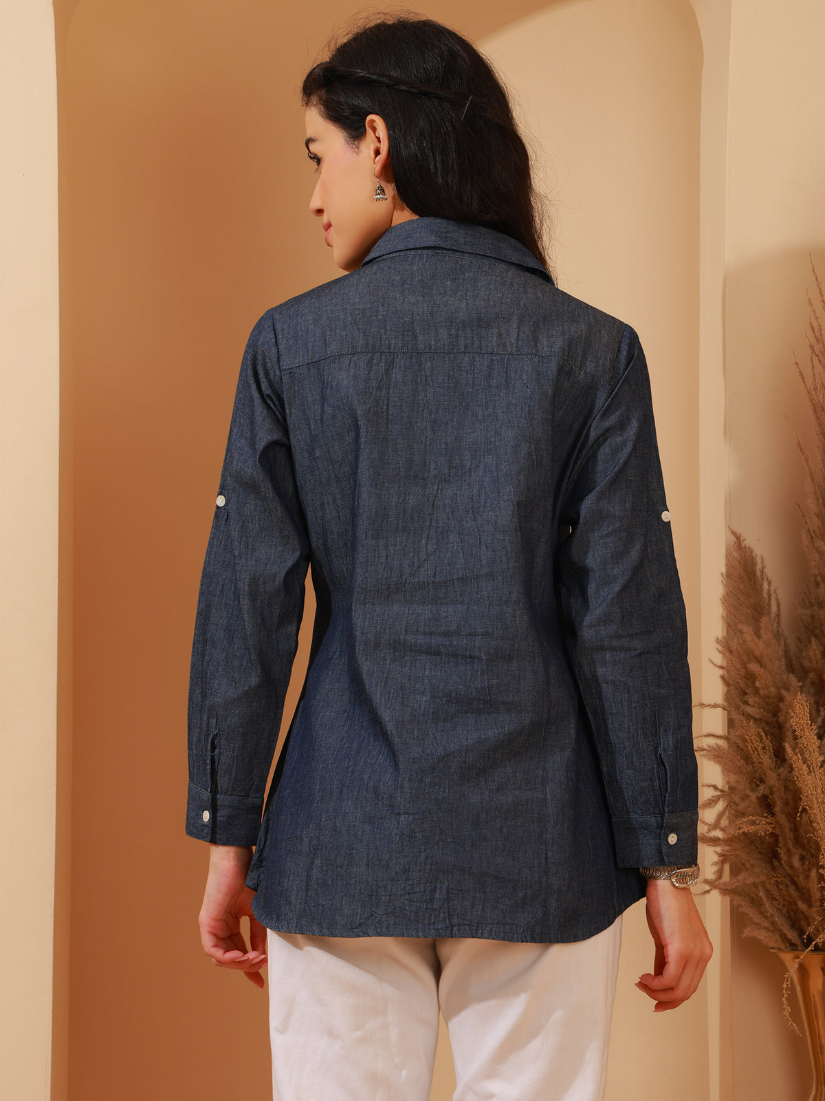 Nazaira Denim Chikankari Shirt for Women | Blue Hand Embroidered Shirt with White Floral Lucknow Chikankari | Long Sleeve Modern Ethnic Wear | Office, Casual & College Wear