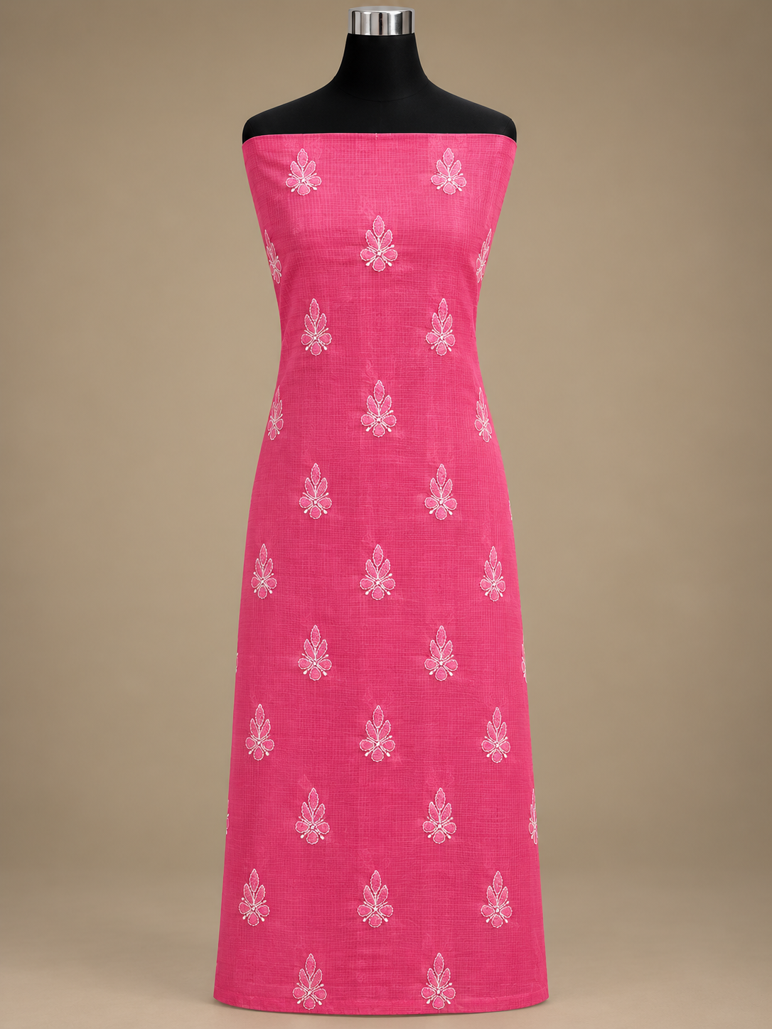 Women's Pink Kota Cotton Unstitched 2 Piece Suit Dress Material with Dupatta | Lucknowi Chikankari Hand Embroidery, Glass Gala Neck Design, All Over Work | Pooja Wedding Festive