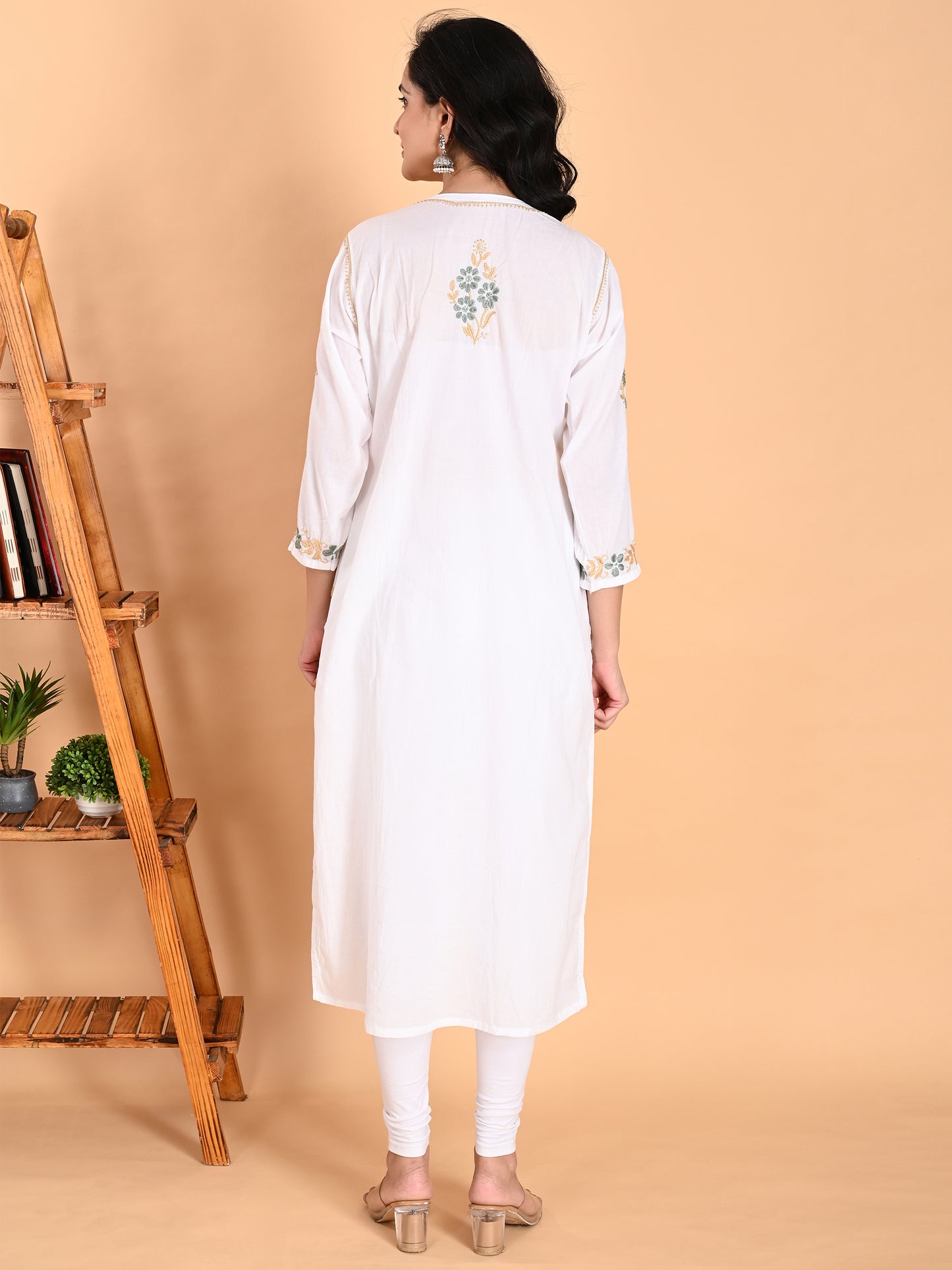 White Cotton Lucknowi Chikankari Long Kurta for Women with Green & Golden Thread Hand Embroidery – Ethnic Wear Kurti