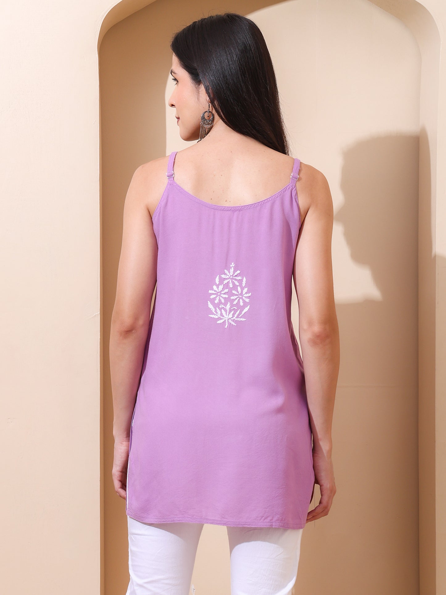 Nazaira Lucknow Chikankari Women’s Sleeveless Short Kurti | Hand Embroidered Rayon Kurta for Women | Lavender Ethnic Wear Top | Lucknawi Chikankari