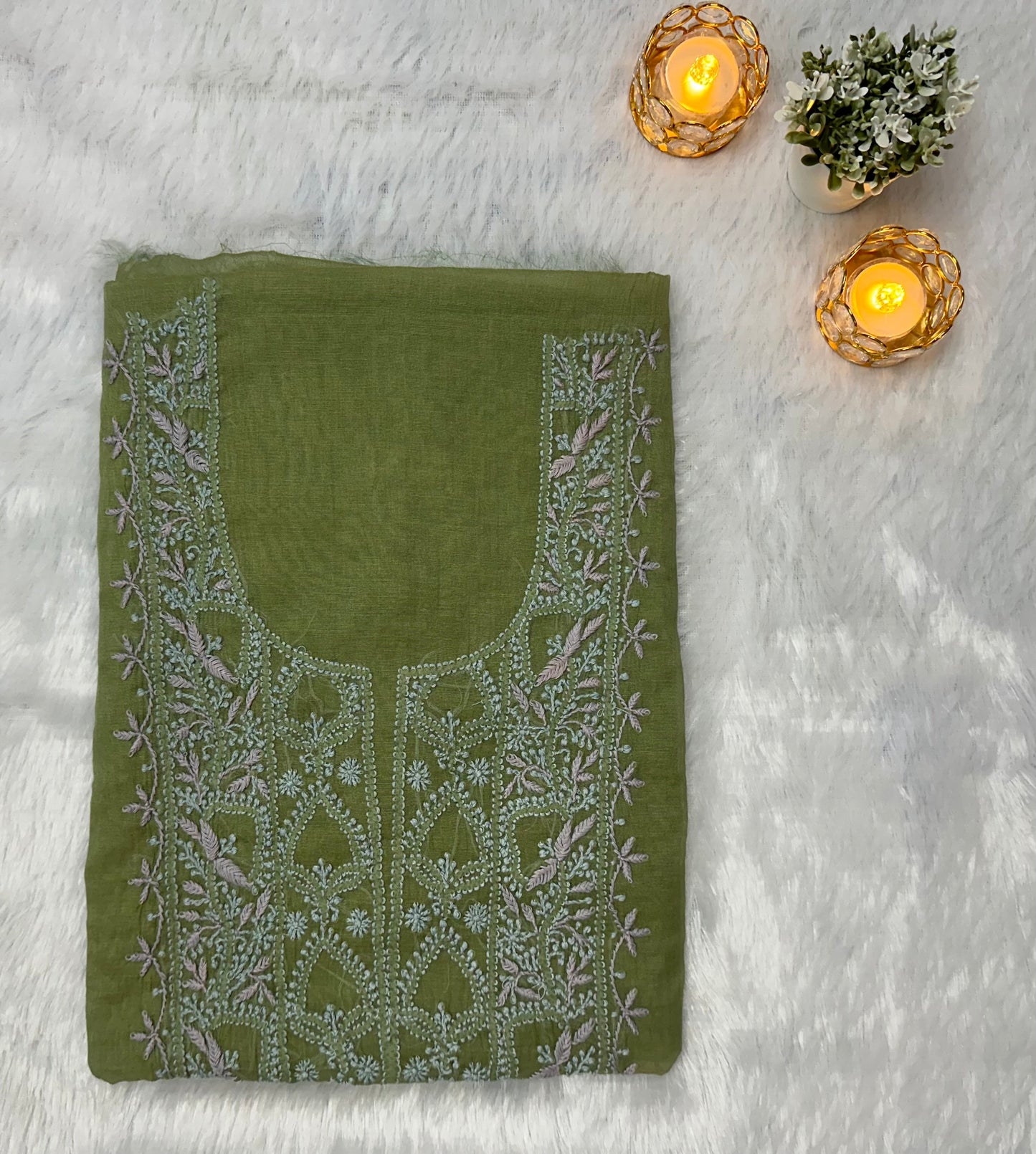 Pure Mul Chanderi Lucknowi Chikankari Unstitched Suit for Women with Dupatta – Hand Embroidered Ethnic Dress Material (2 Piece Set) - Green