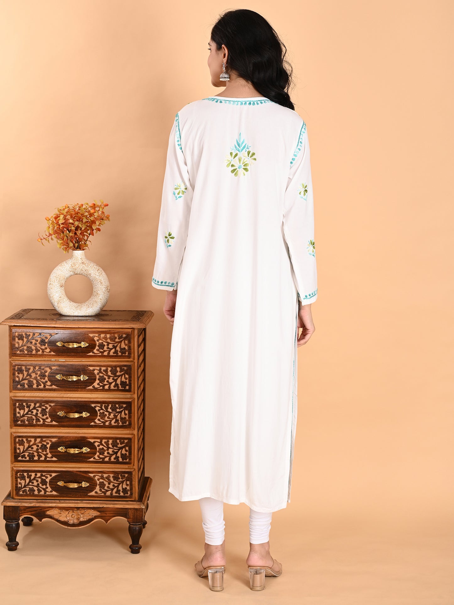 White Rayon Lucknowi Chikankari Long Kurta for Women with Blue & Green Floral Hand Embroidery – Ethnic Wear Kurti