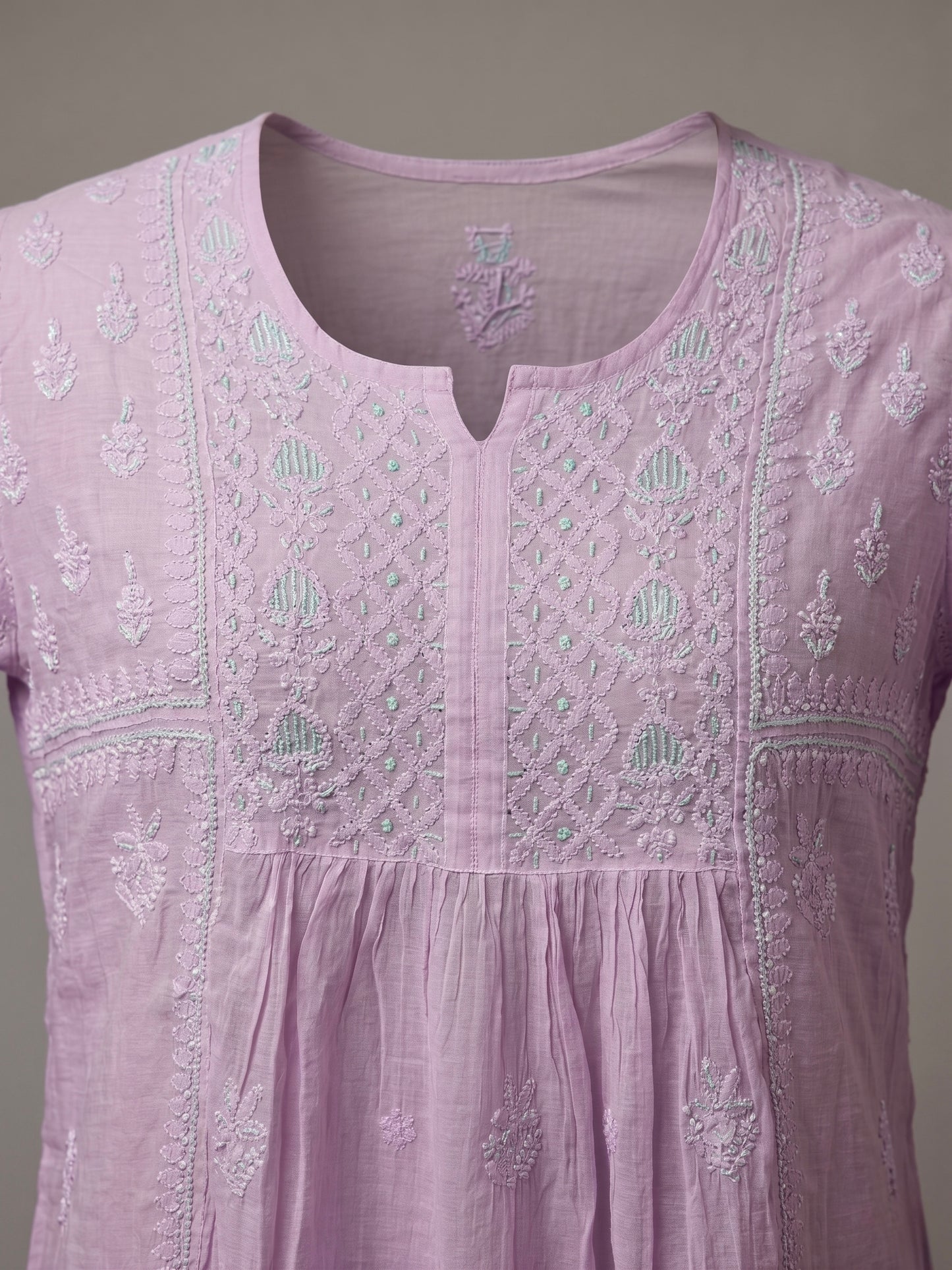 Nazaira Pure Mul Chanderi Semi-Stitched Dress Material for Women with Dupatta | Hand Embroidered Lucknow Chikankari Suit | Naira Cut Gown Style Ethnic Wear | Heavy Cutdana Work | Lavender