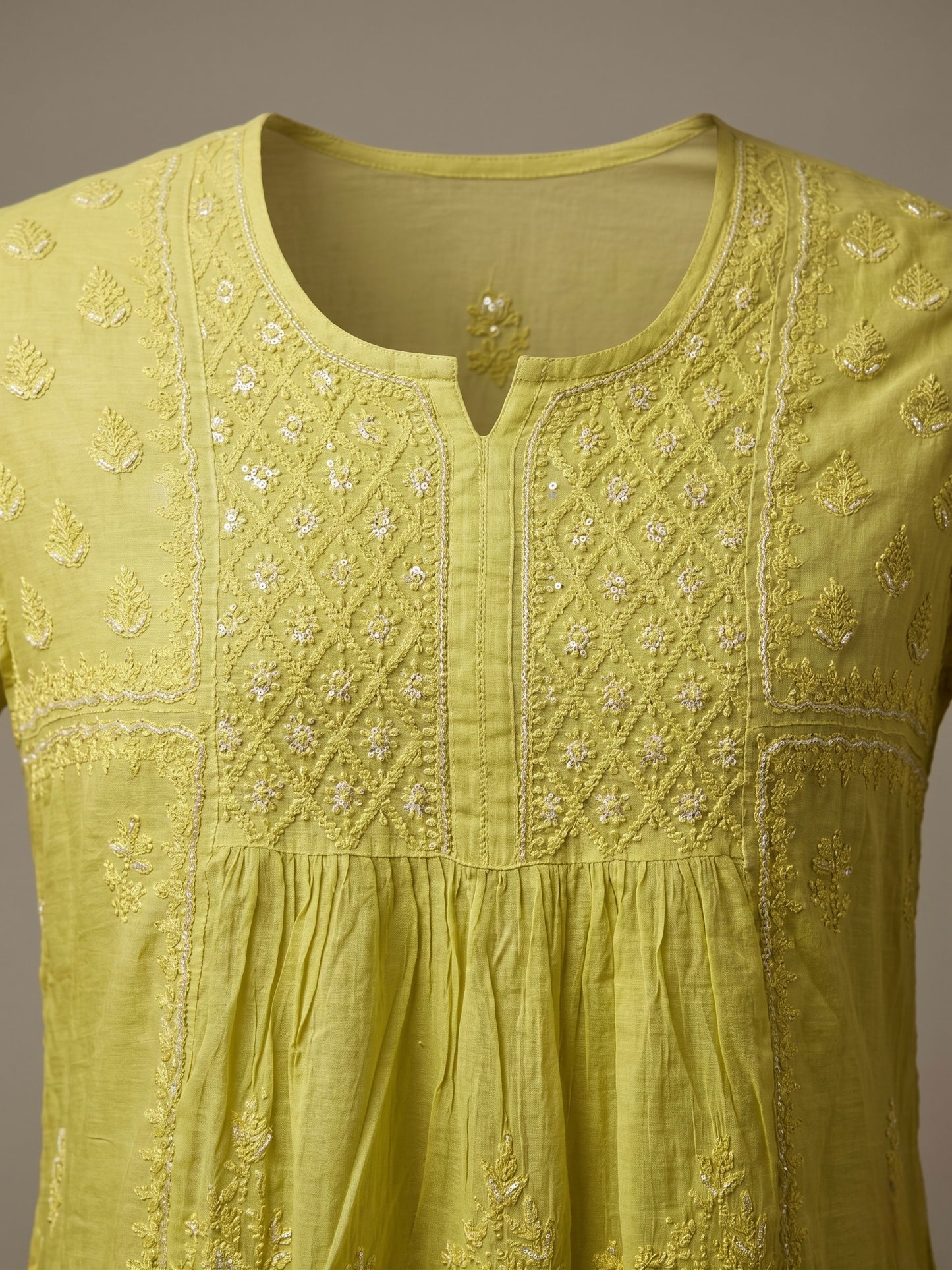 Nazaira Pure Mul Chanderi Semi-Stitched Suit for Women with Dupatta | Hand Embroidered Lucknow Chikankari Kurta Set | Heavy Cutdana & Sequence Work | Naira Cut Gown Style Ethnic Wear | Pista Green |