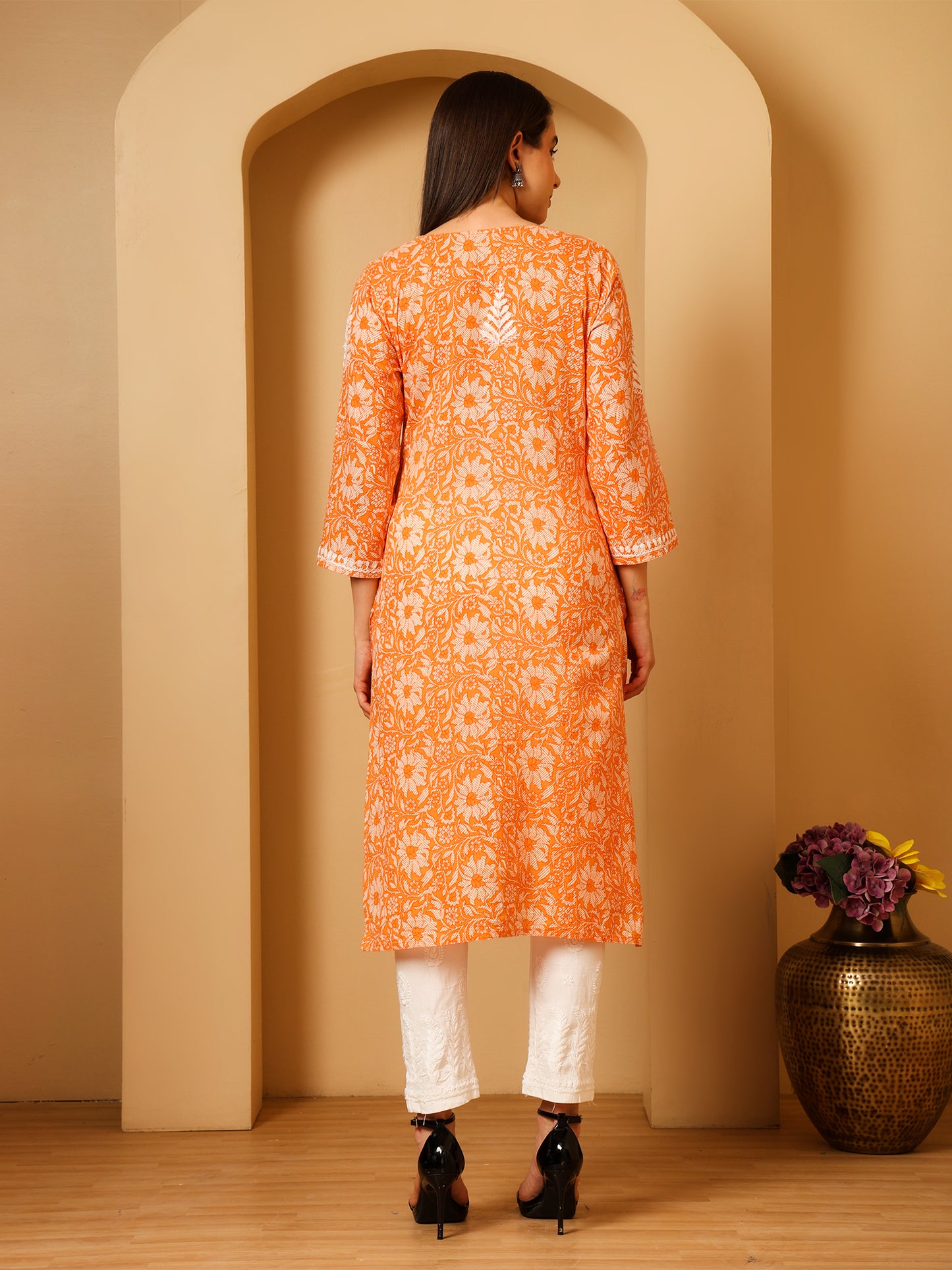 Nazaira Mulmul Cotton Chikankari Kurta for Women Orange | Hand Embroidered Lucknow Chikankari Kurti | Ethnic Wear Long Kurta for Women | Handmade Luckhnawi Chickankari Kurta