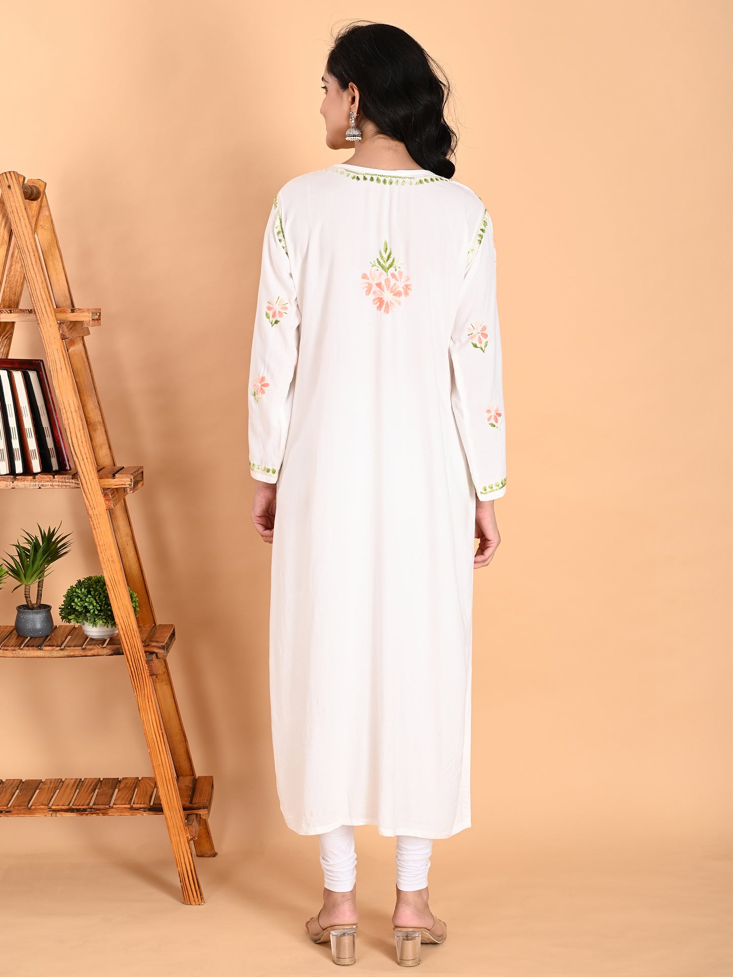 White Rayon Lucknowi Chikankari Long Kurta for Women with Peach & Green Floral Hand Embroidery – Ethnic Wear Kurti
