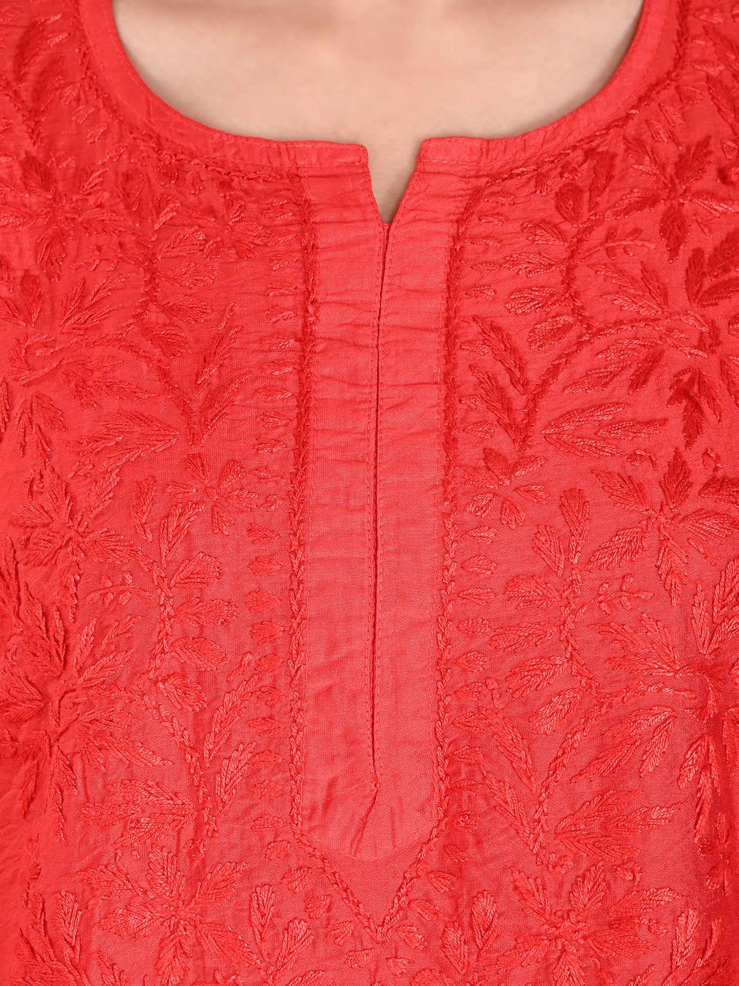 Red Chanderi Lucknowi Chikankari Kurta with Pajama Set for Women with Hand Embroidery – Long Ethnic Wear Suit Set