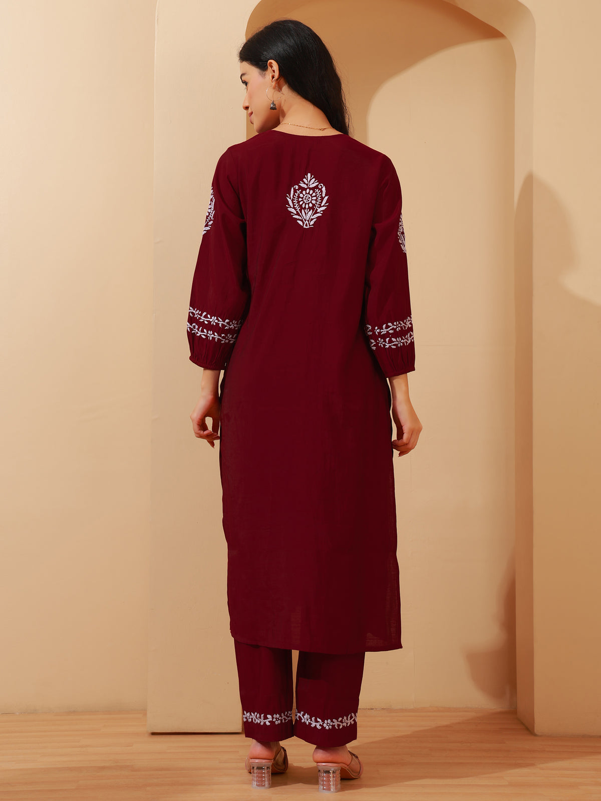 Nazaira Chanderi Chikankari Kurta Pant Set for Women | Maroon Long Kurti with Hand Embroidery | Lucknowi Chikankari Ethnic Wear | Matching Pants with Pockets | Traditional Handwork