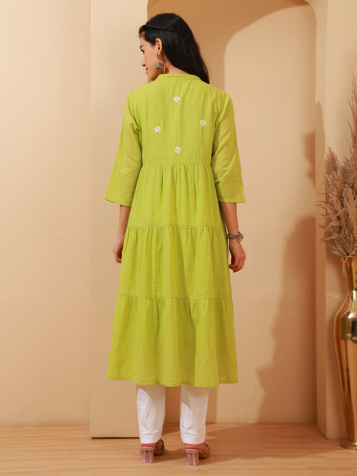 Nazaira Women’s Cotton Lucknow Chikankari Gown Style Long Kurta with Pockets | Green Hand Embroidered Ethnic Wear | Handmade Lucknowi Chikankari Kurti | Traditional Handwork