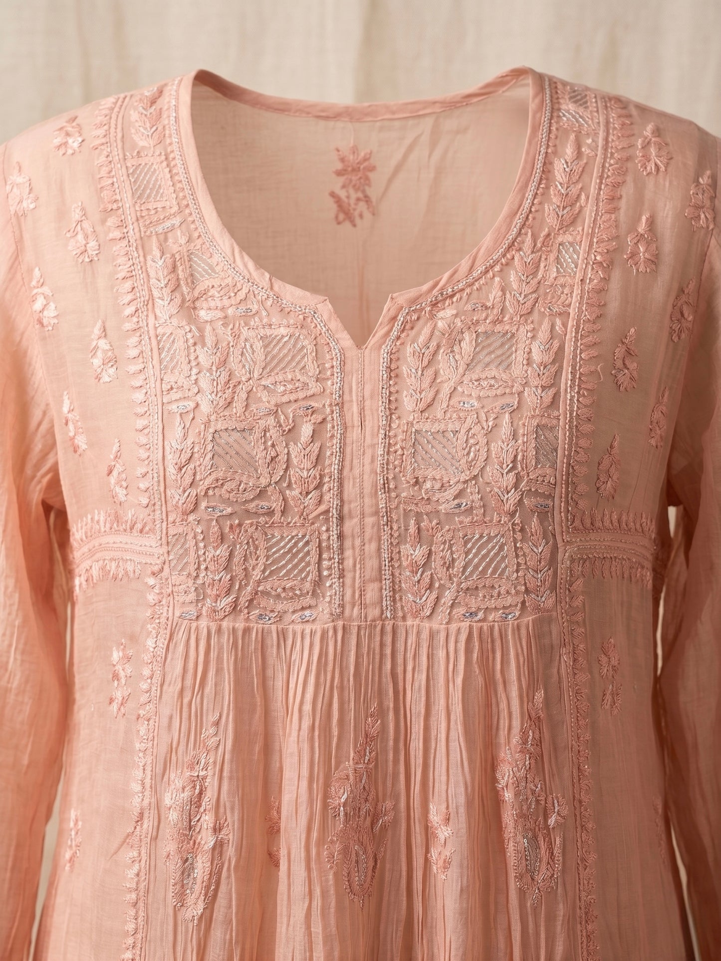 Nazaira Pure Mul Chanderi Lucknow Chikankari Semi-Stitched Suit for Women with Dupatta | Hand Embroidered Naira Cut Gown Style Dress Material | Heavy Cutdana & Sequin Handwork | Peach Pink Ethnic Wear