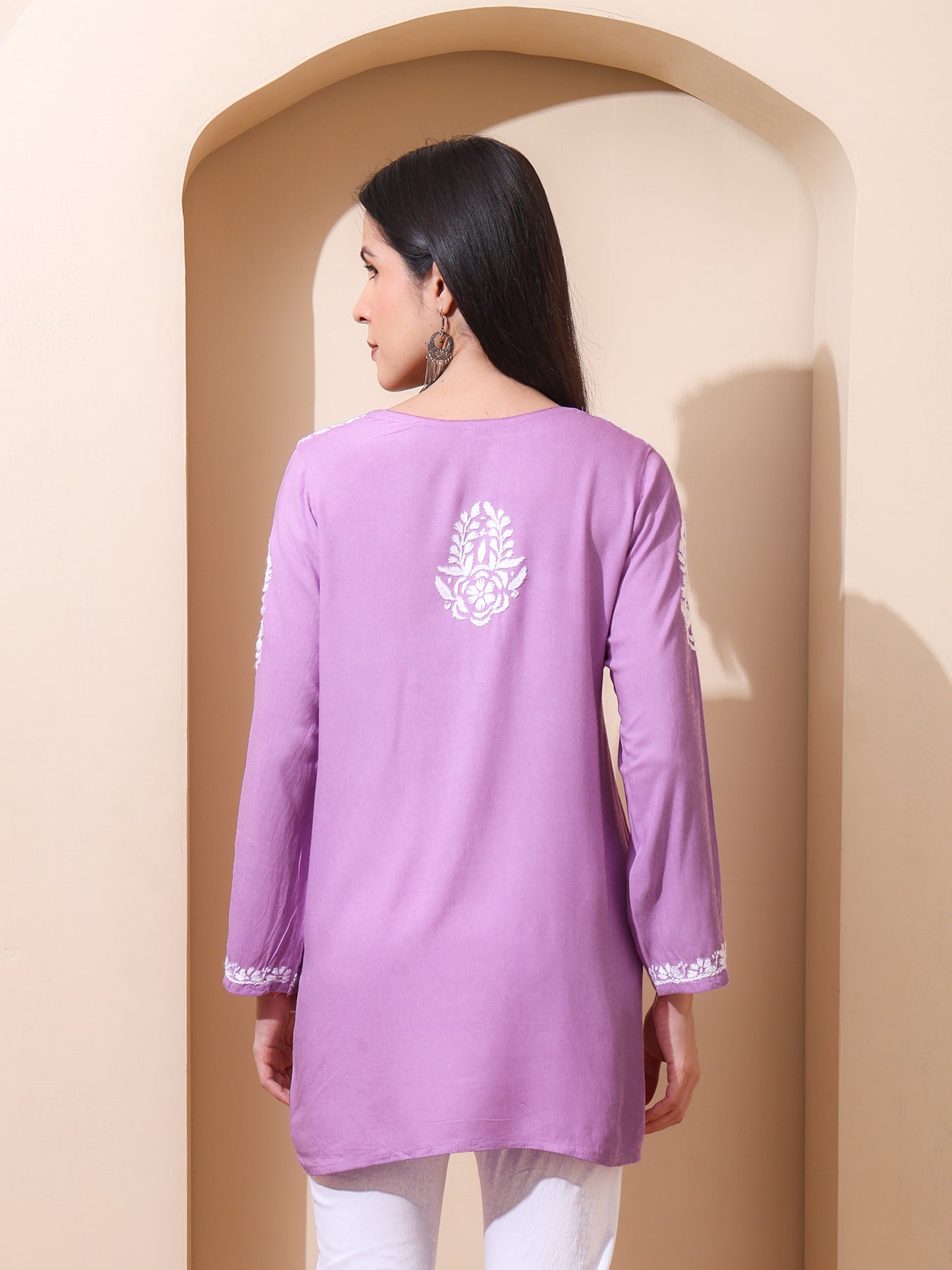 Nazaira Women’s Rayon Lucknow Chikankari Short Kurta | Handmade Hand Embroidered Luckhnawi Kurti for Women | Ethnic Wear Tunic Top for Daily, Casual Lavender