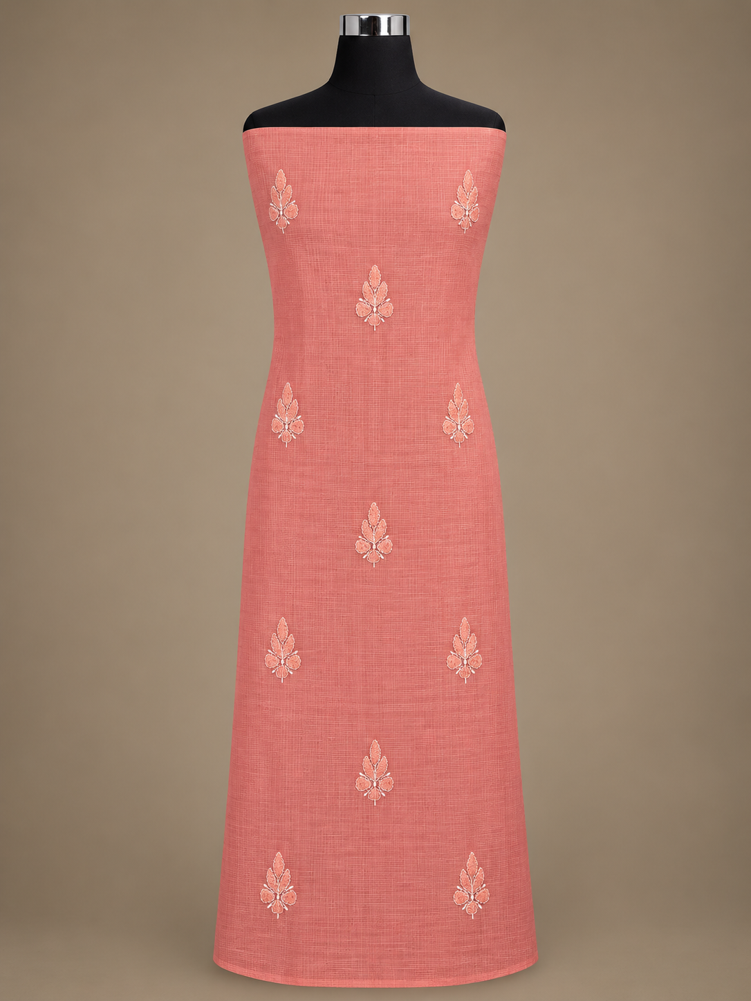 Women's Peach Kota Cotton Unstitched 2 Piece Suit Dress Material with Dupatta | Lucknowi Chikankari Hand Embroidery, Glass Gala Neck Design, All Over Work | Pooja Wedding Festive