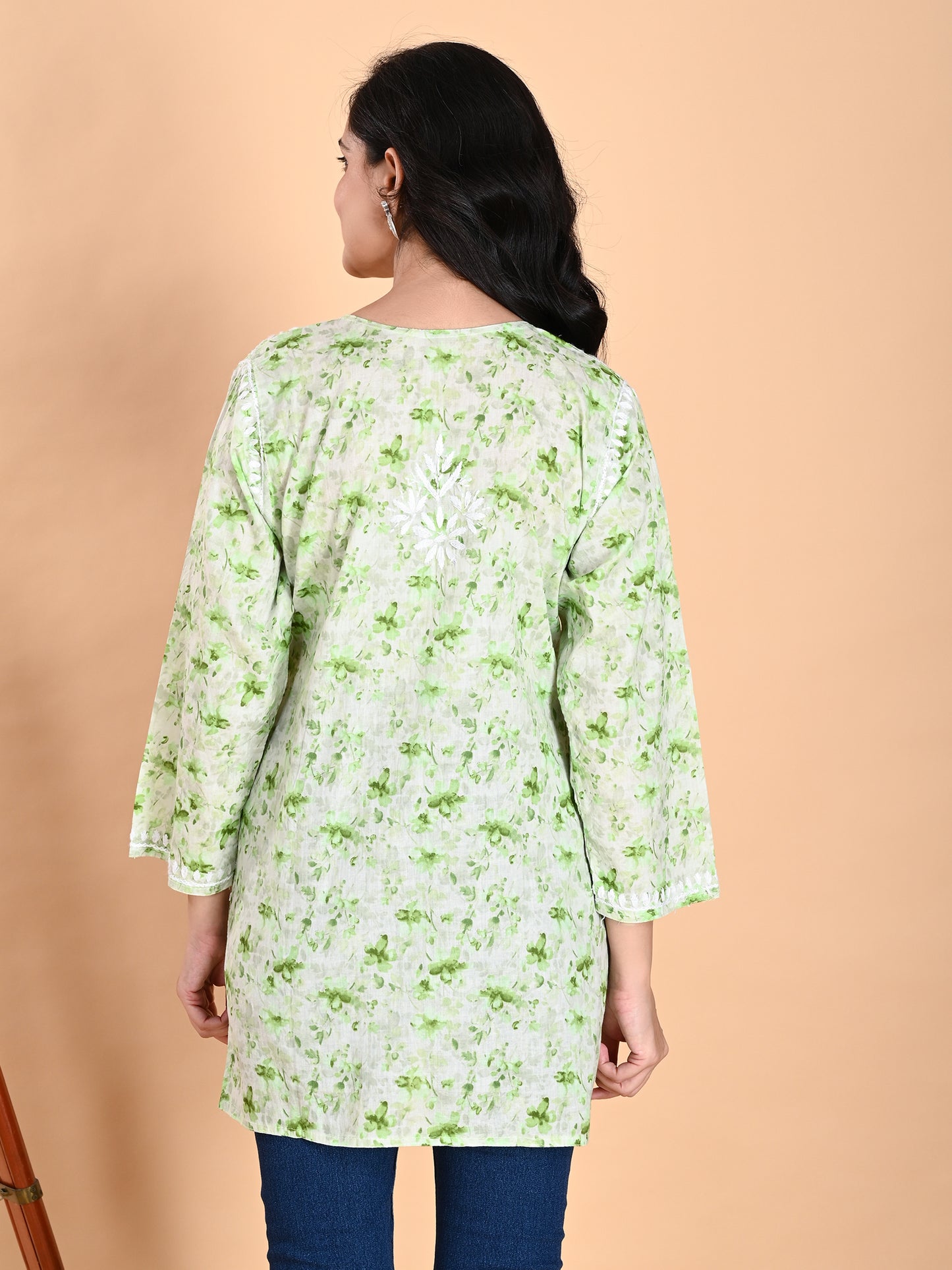 Green Mul Cotton Lucknowi Chikankari Short Kurti for Women with Hand Embroidery – Casual Ethnic Wear Top