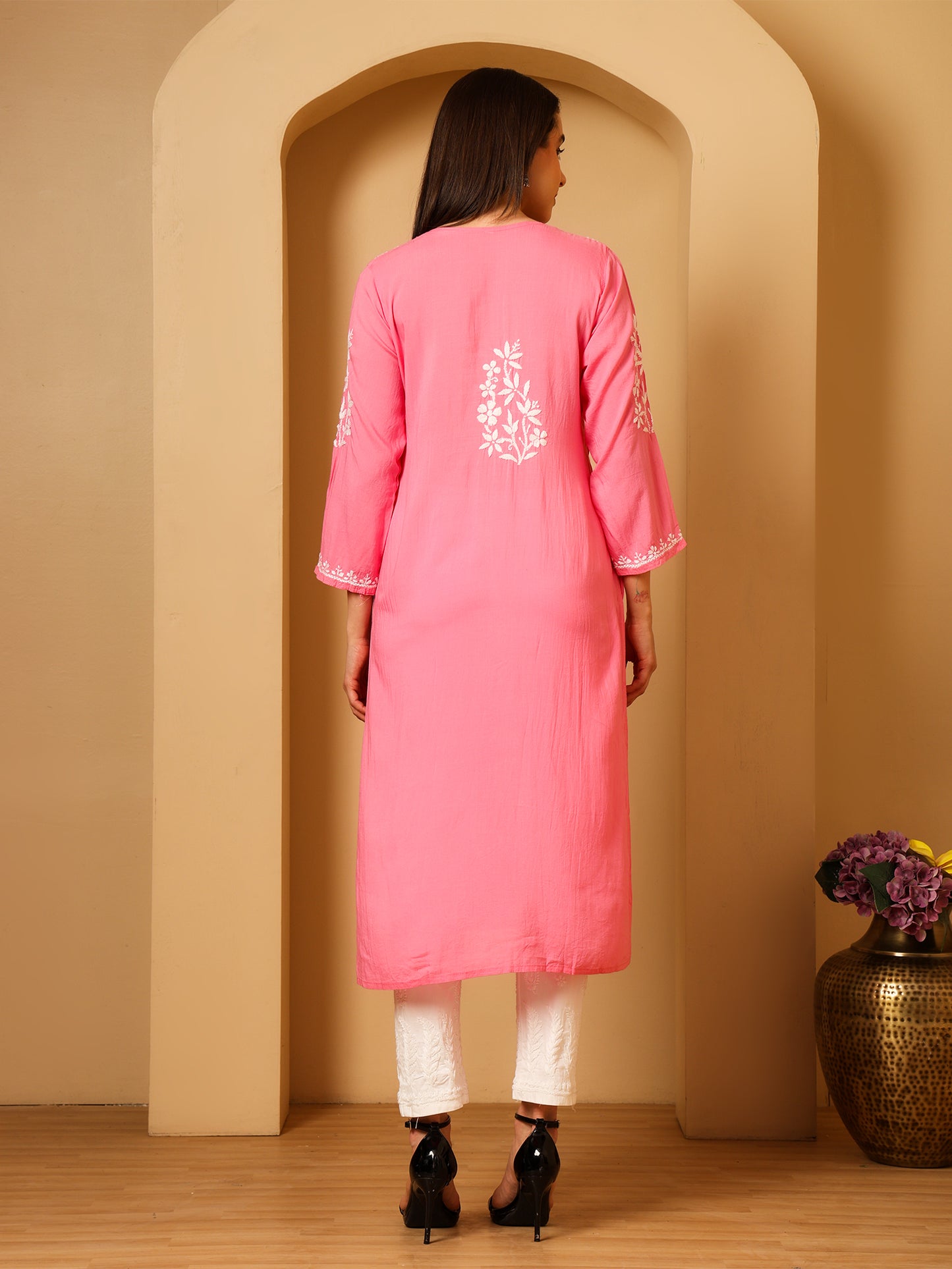 Nazaira Women’s Modal Chikankari Kurta Pink | Hand Embroidered Lucknowi Chikankari Kurti | Ethnic Wear Long Kurta for Women | Lightweight Breathable Daily & Festive Wear