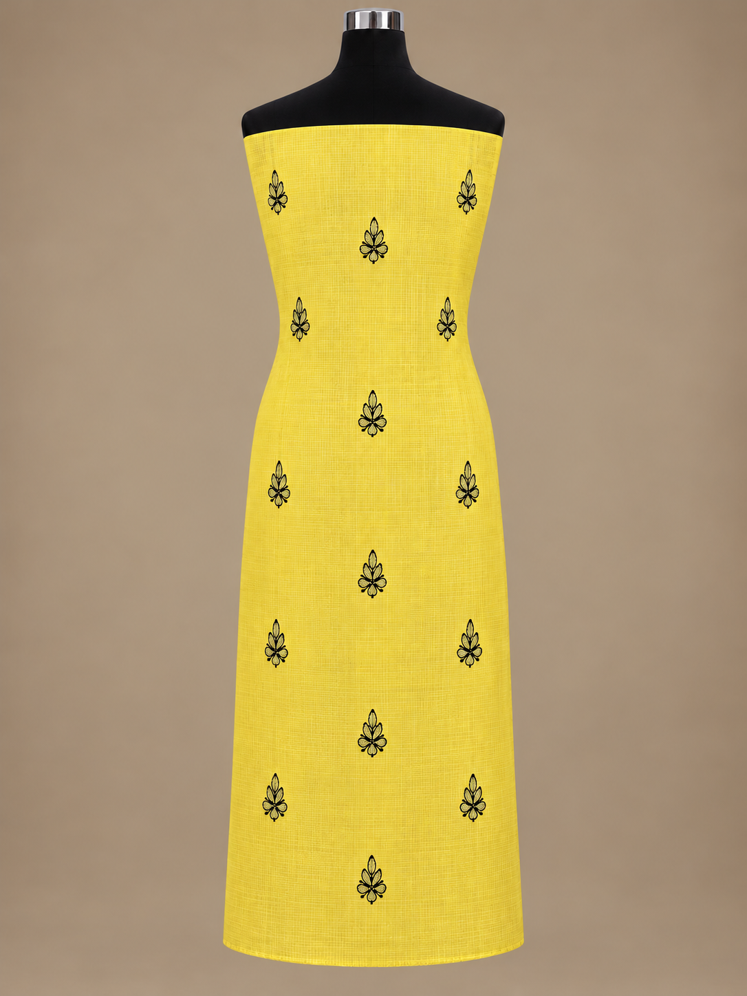 Women's Yellow Kota Cotton Unstitched 2 Piece Suit Dress Material with Dupatta | Lucknowi Chikankari Hand Embroidery, Glass Gala Neck Work, Front Back Motifs | Pooja Wedding Festive
