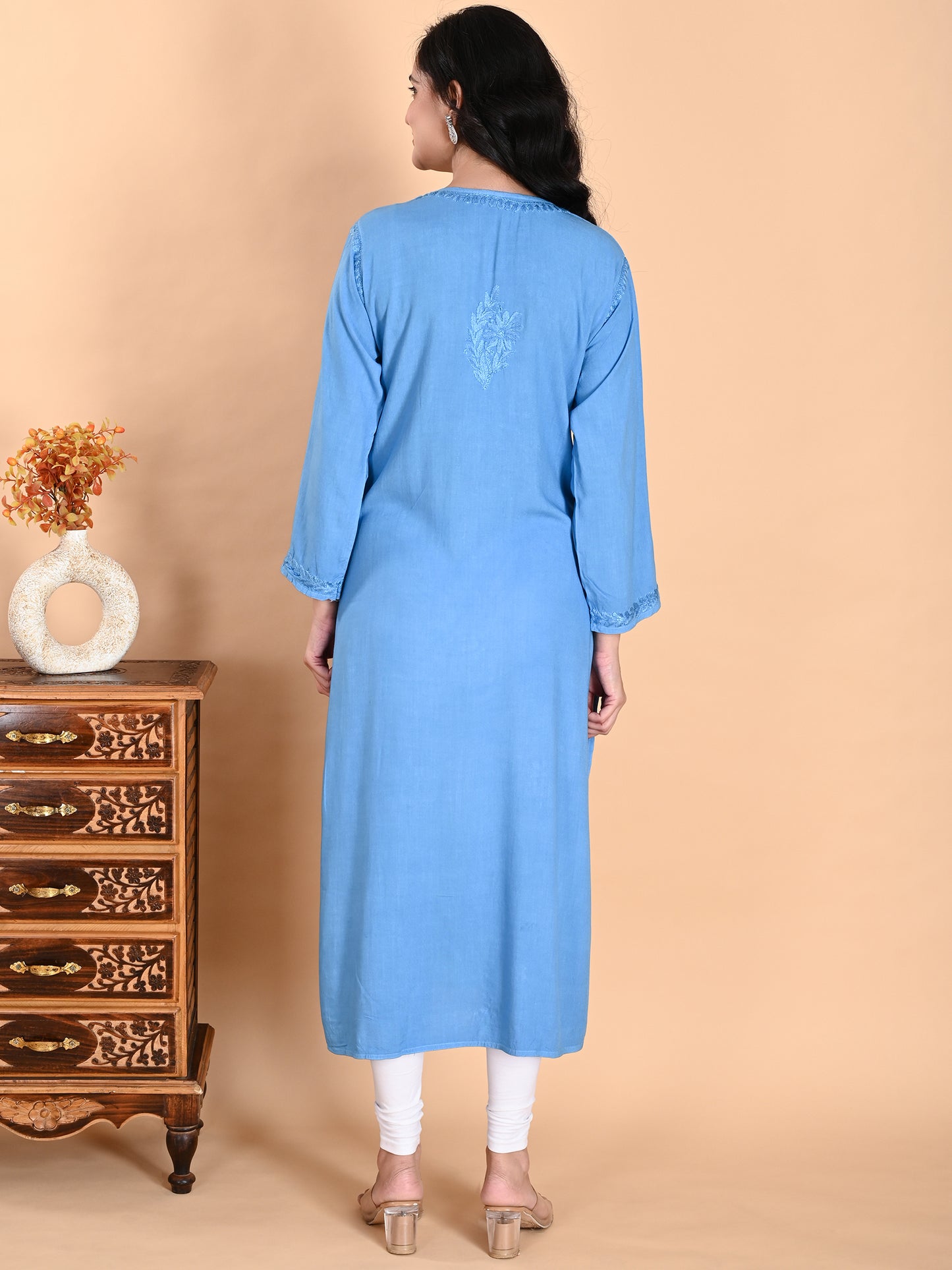 Blue Rayon Lucknowi Chikankari Long Kurta for Women with Hand Embroidery – Elegant Traditional Ethnic Wear Kurti