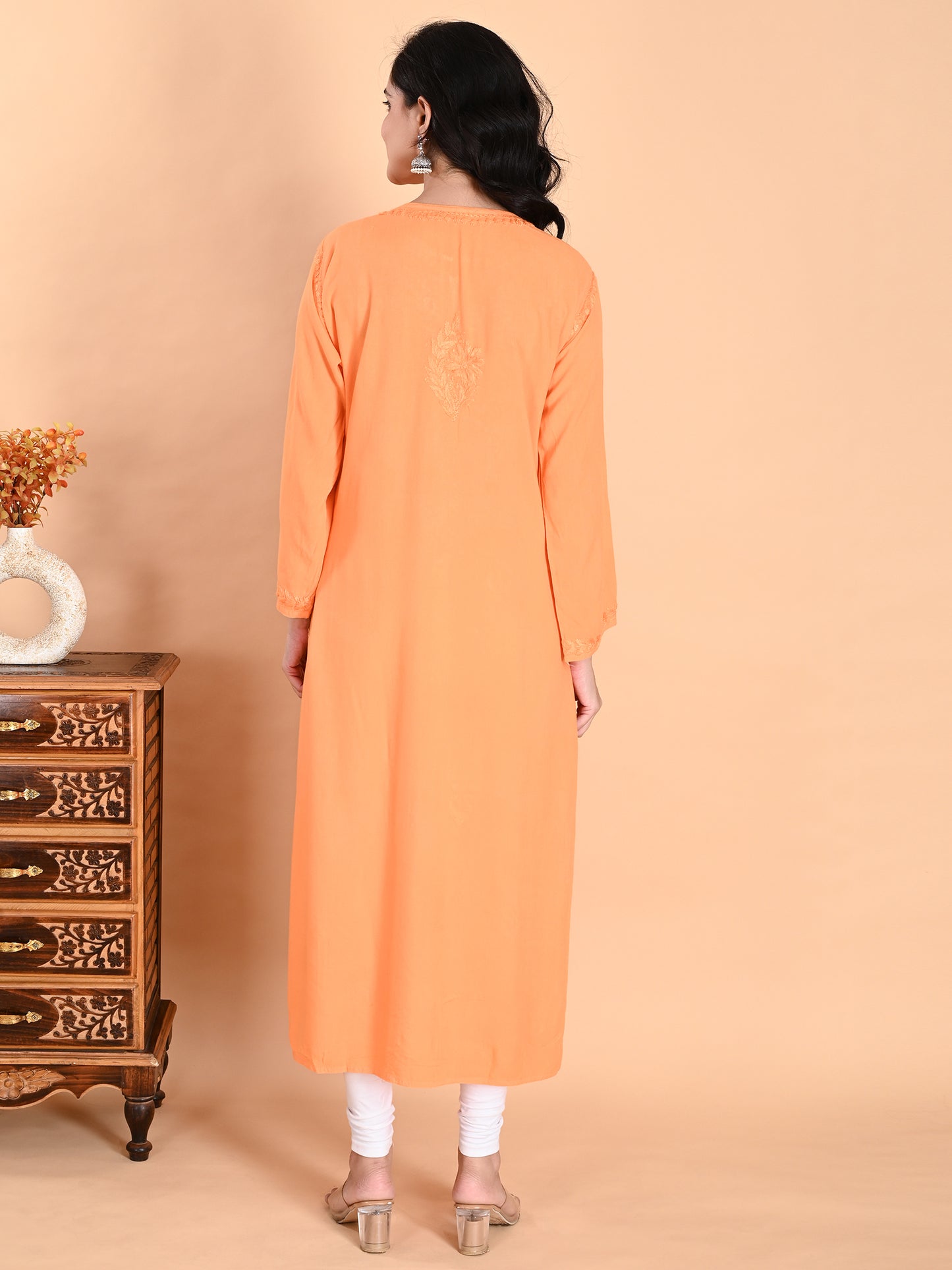 Orange Rayon Lucknowi Chikankari Long Kurta for Women with Hand Embroidery – Elegant Traditional Ethnic Wear Kurti