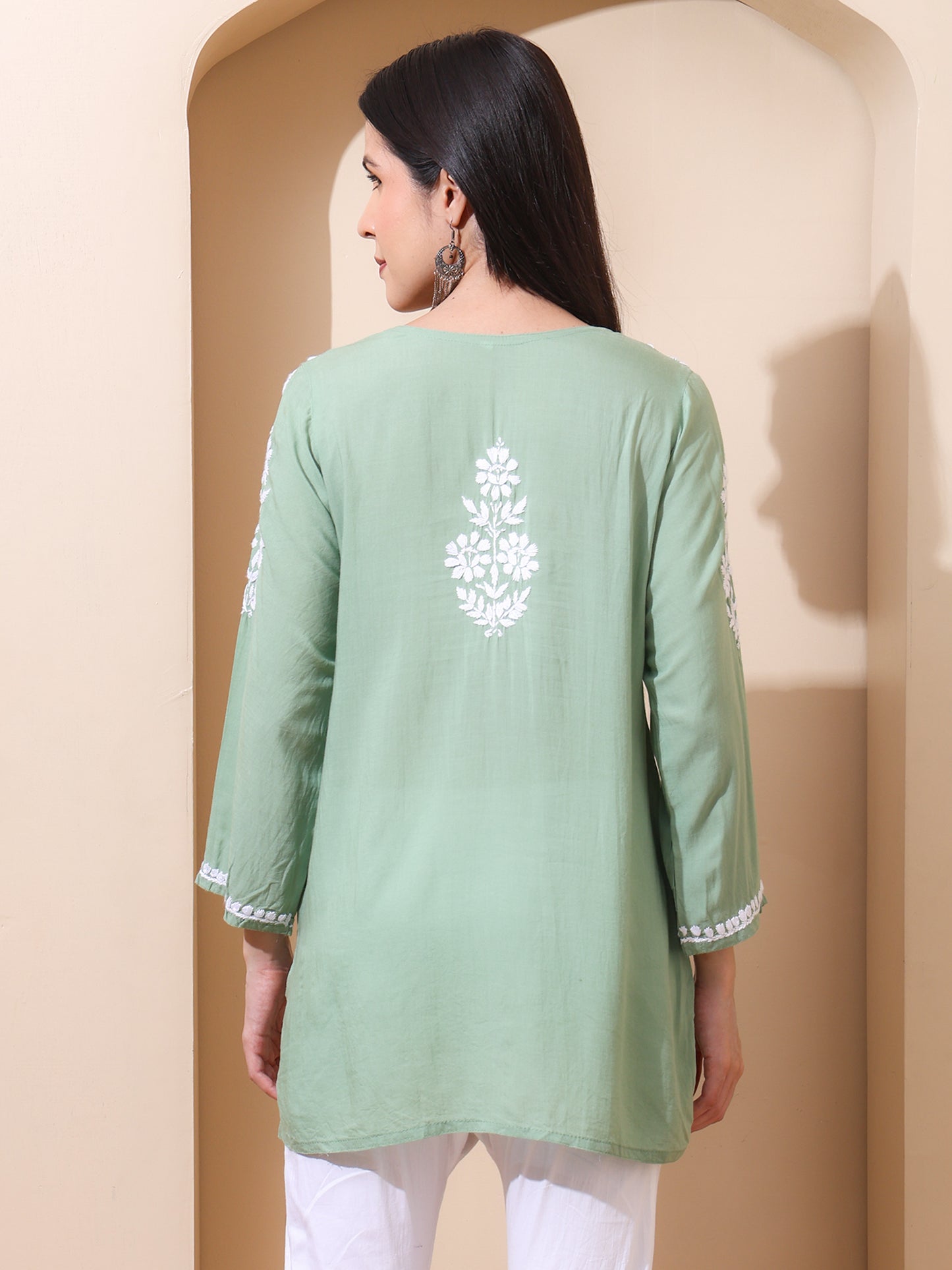 Nazaira Women’s Modal Lucknow Chikankari Short Kurta | Hand Embroidered Luckhnawi Kurti for Women | Ethnic Wear Tunic Top with Panel Work